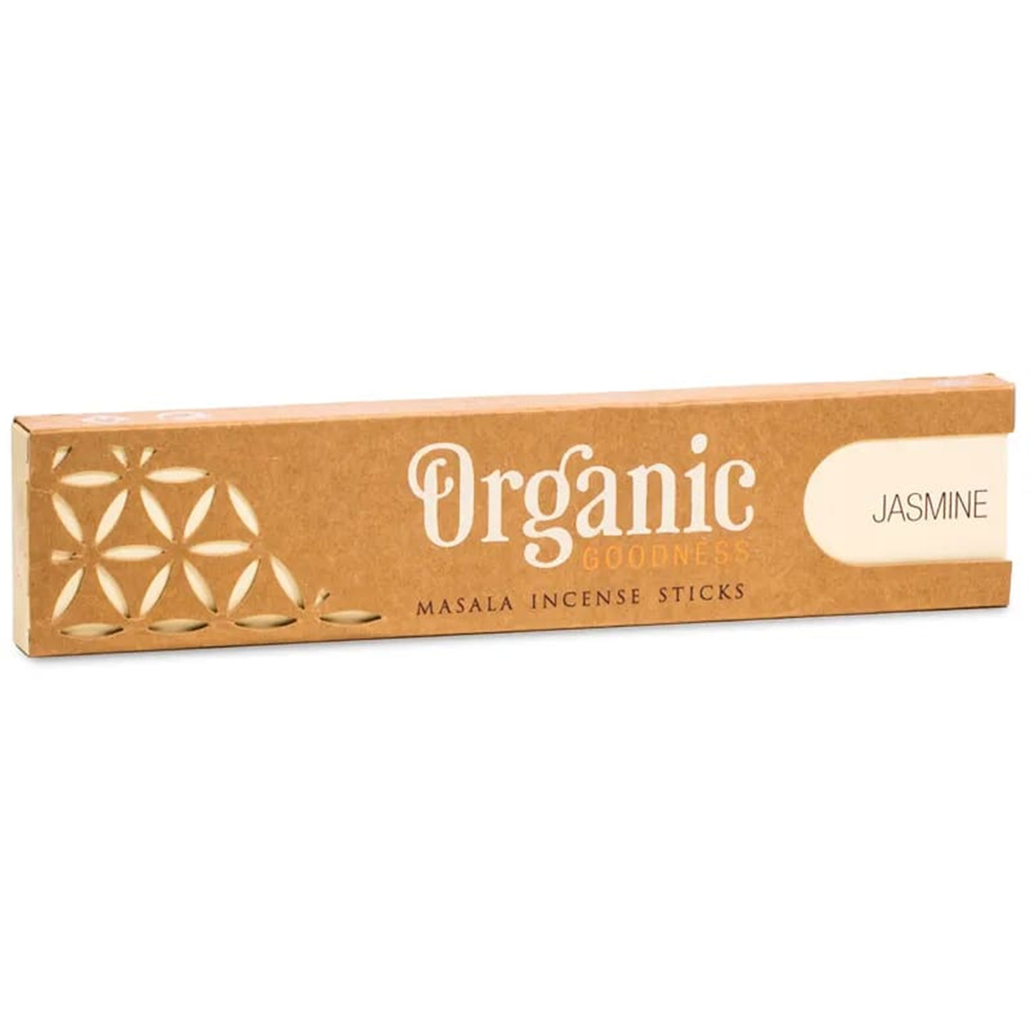 Braune Schachtel mit der Aufschrift Organic Goodness Masala Incense Sticks in der Duftrichtung Jasmin
