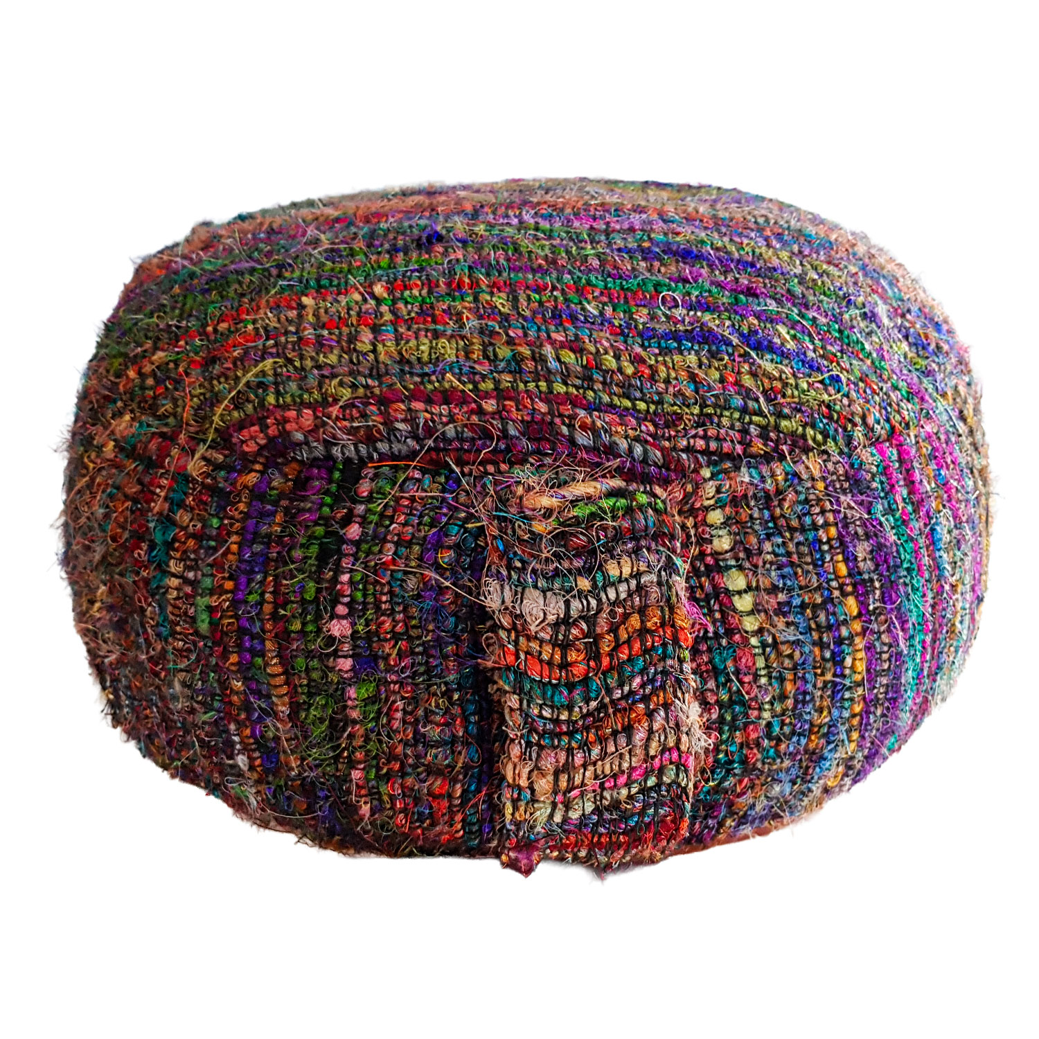 Runder Pouf aus bunt gewebtem Stoff mit vielfältigen Farben und Texturen