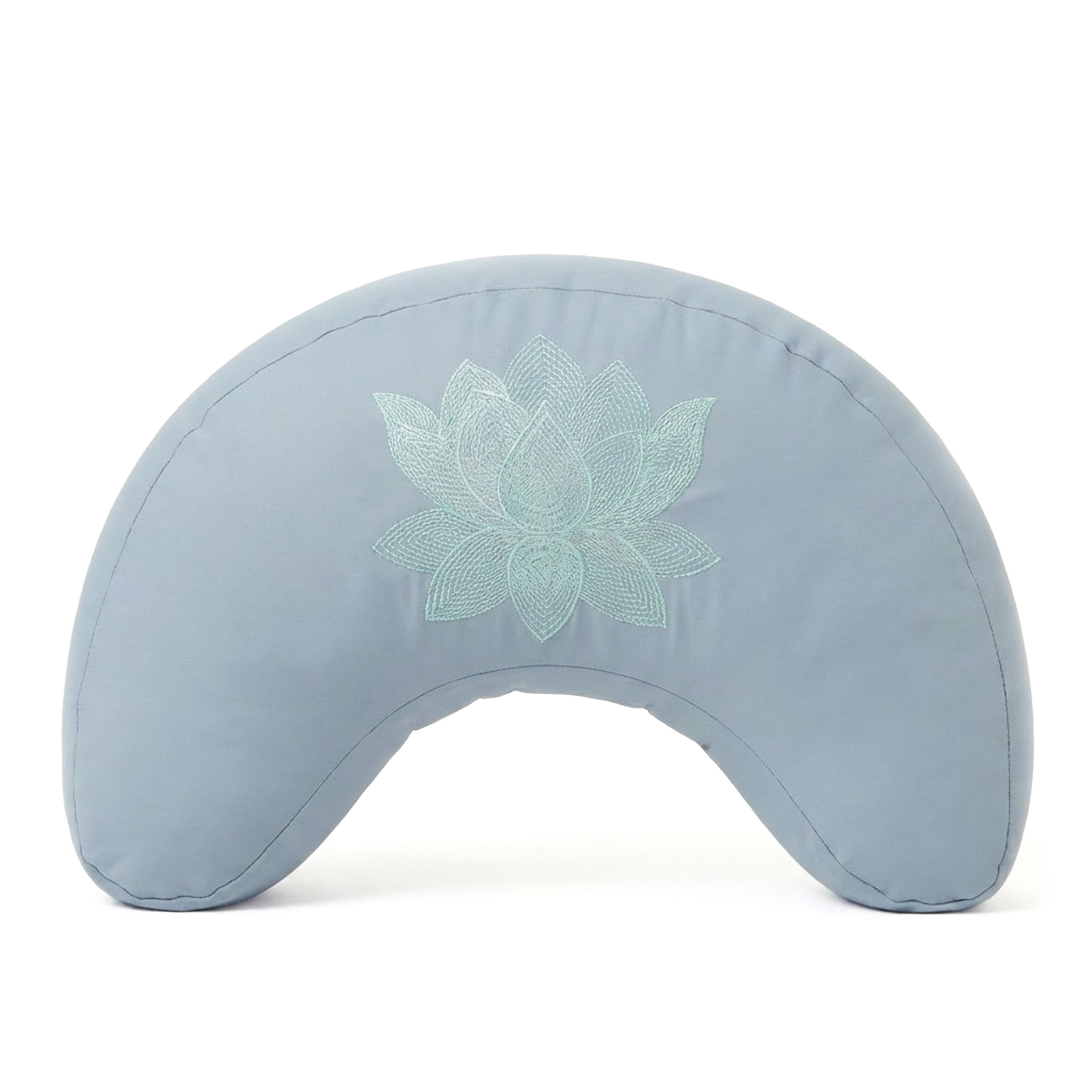 Hellblaues, halbmondförmiges Meditationskissen mit Lotusstickerei