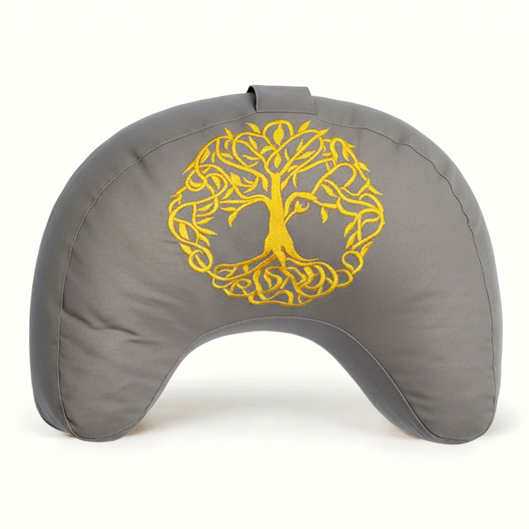 Graues, halbmondförmiges Kissen mit goldener Lebensbaum-Stickerei auf der Vorderseite