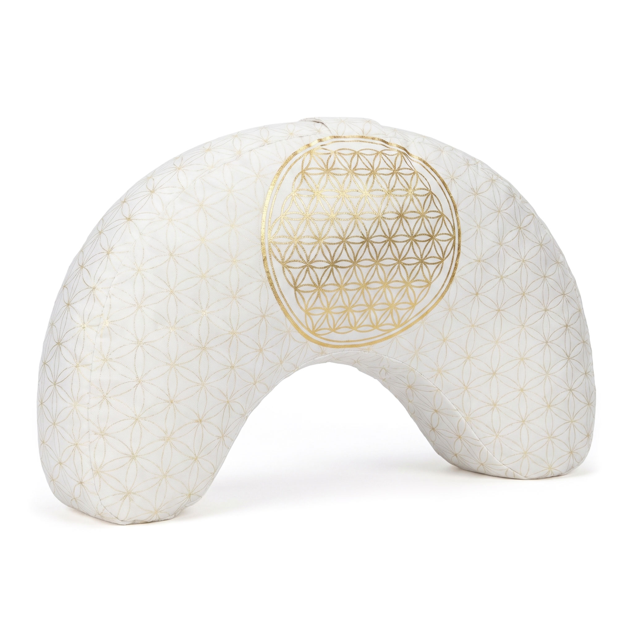 Halbmondförmiges weißes Kissen mit goldfarbenem geometrischem Muster