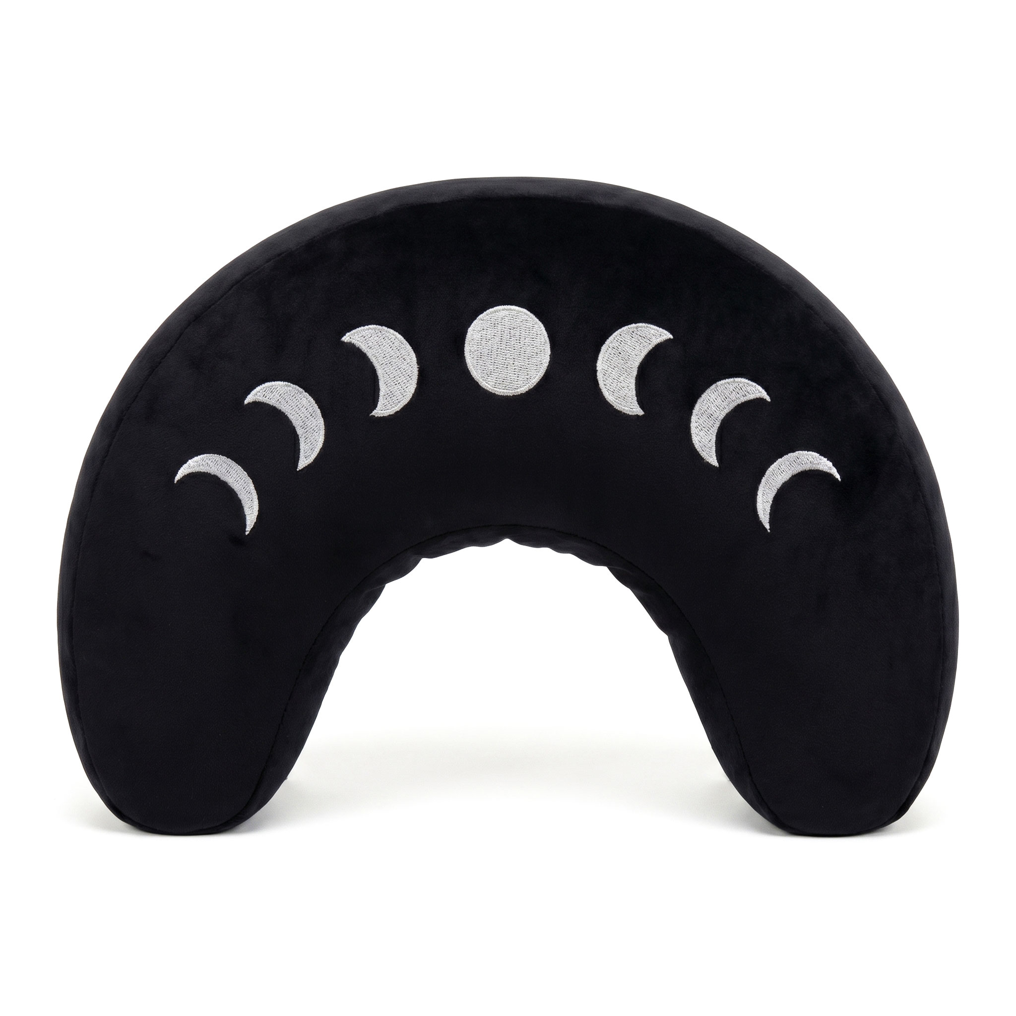 Schwarzes, halbmondförmiges Kissen mit aufgestickten Mondphasen