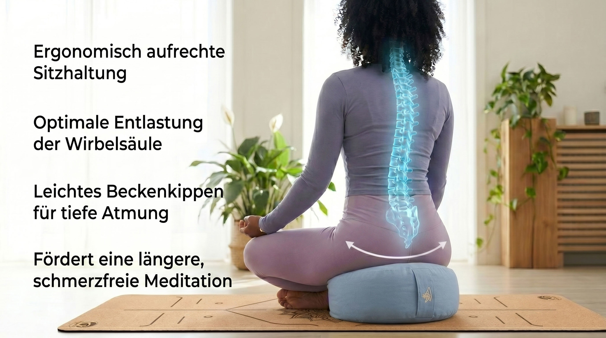 Person sitzt auf einem Meditationskissen im Lotussitz, grafische Darstellung der Wirbelsäule und Hinweise zu ergonomischer Sitzhaltung.