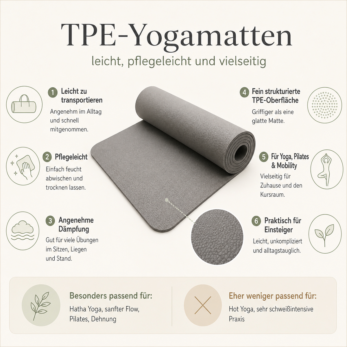 Infografik zu TPE-Yogamatten mit Vorteilen wie leichtem Transport, Pflegeleichtigkeit und angenehmer Dämpfung