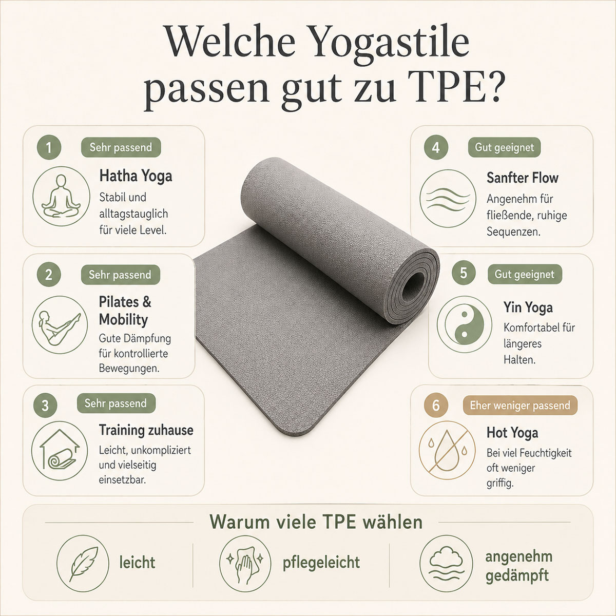 Infografik zur Eignung von TPE-Yogamatten für Hatha Yoga, Pilates, sanften Flow, Mobility und Hot Yoga