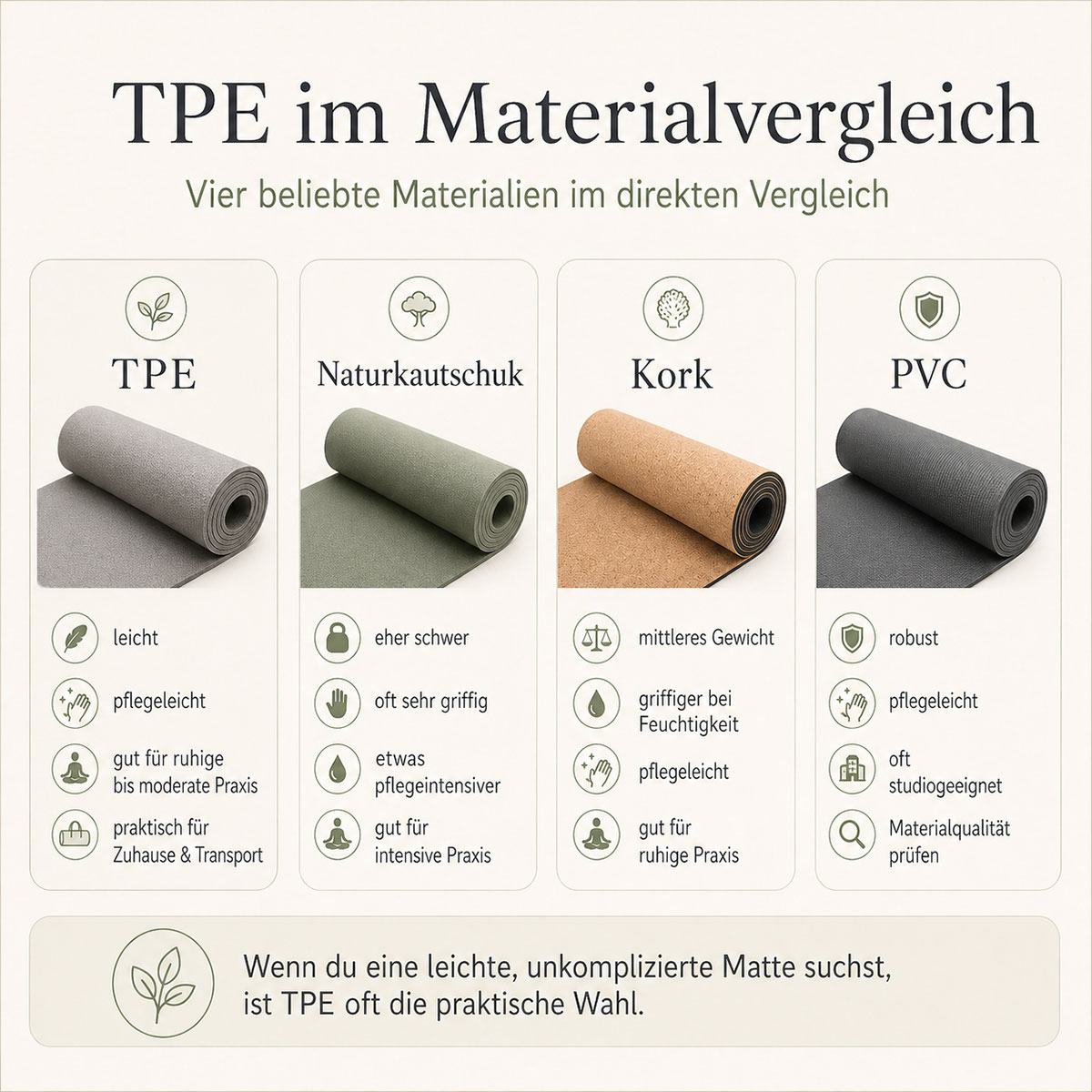 Materialvergleich von TPE, Naturkautschuk, Kork und PVC bei Yogamatten