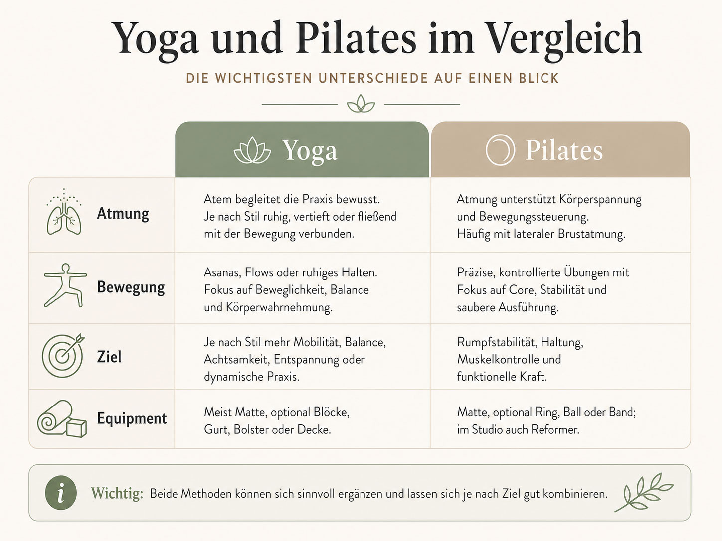 Infografik mit Unterschieden zwischen Yoga und Pilates bei Atmung Bewegung Ziel und Equipment