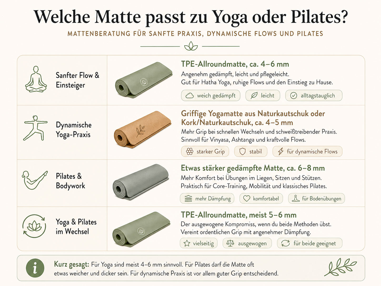 Infografik zur passenden Matte für Yoga Pilates sanften Flow und dynamische Praxis