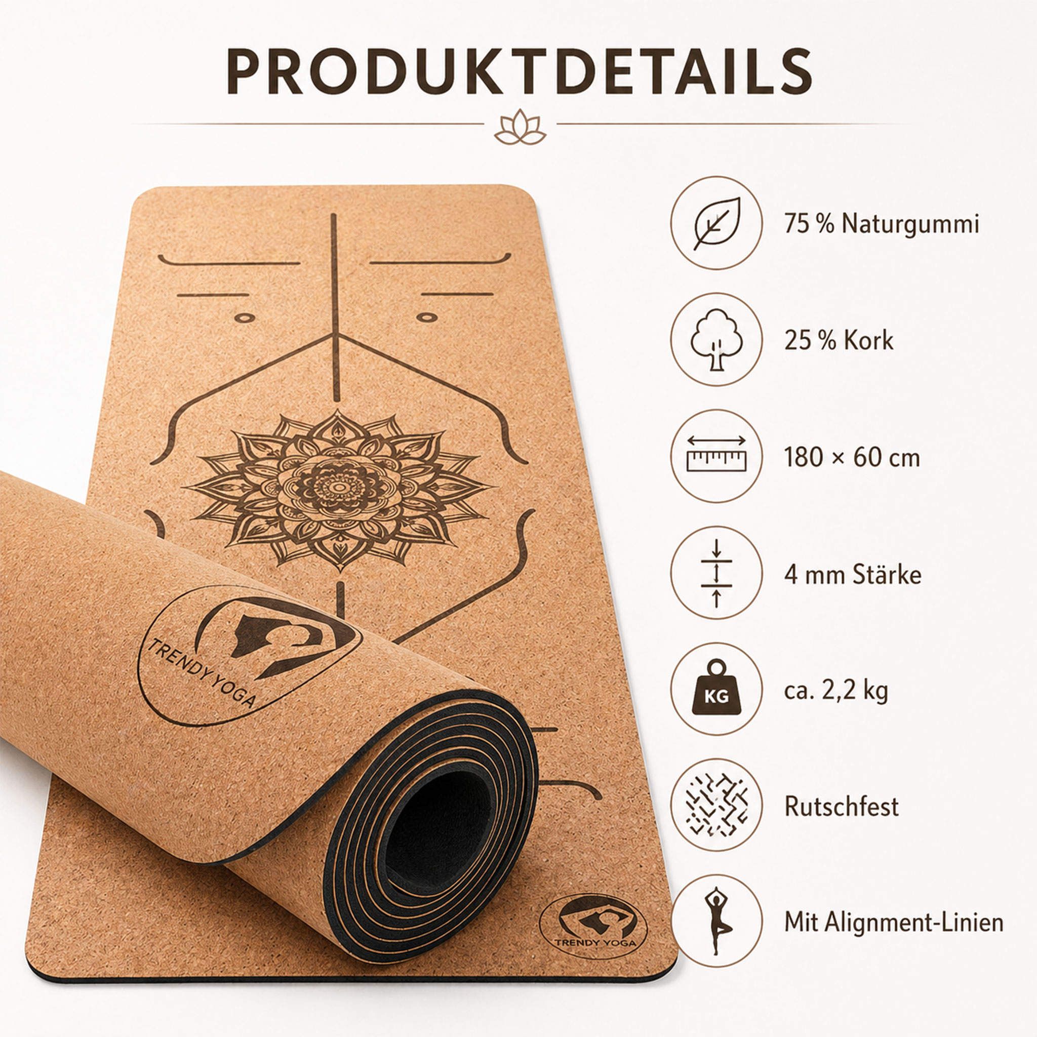 Abgebildet ist eine Yoga-Matte aus Kork mit Mandala-Design und aufgedruckten Alignment-Linien sowie einer Liste der Produkteigenschaften wie Material, Größe und Gewicht.