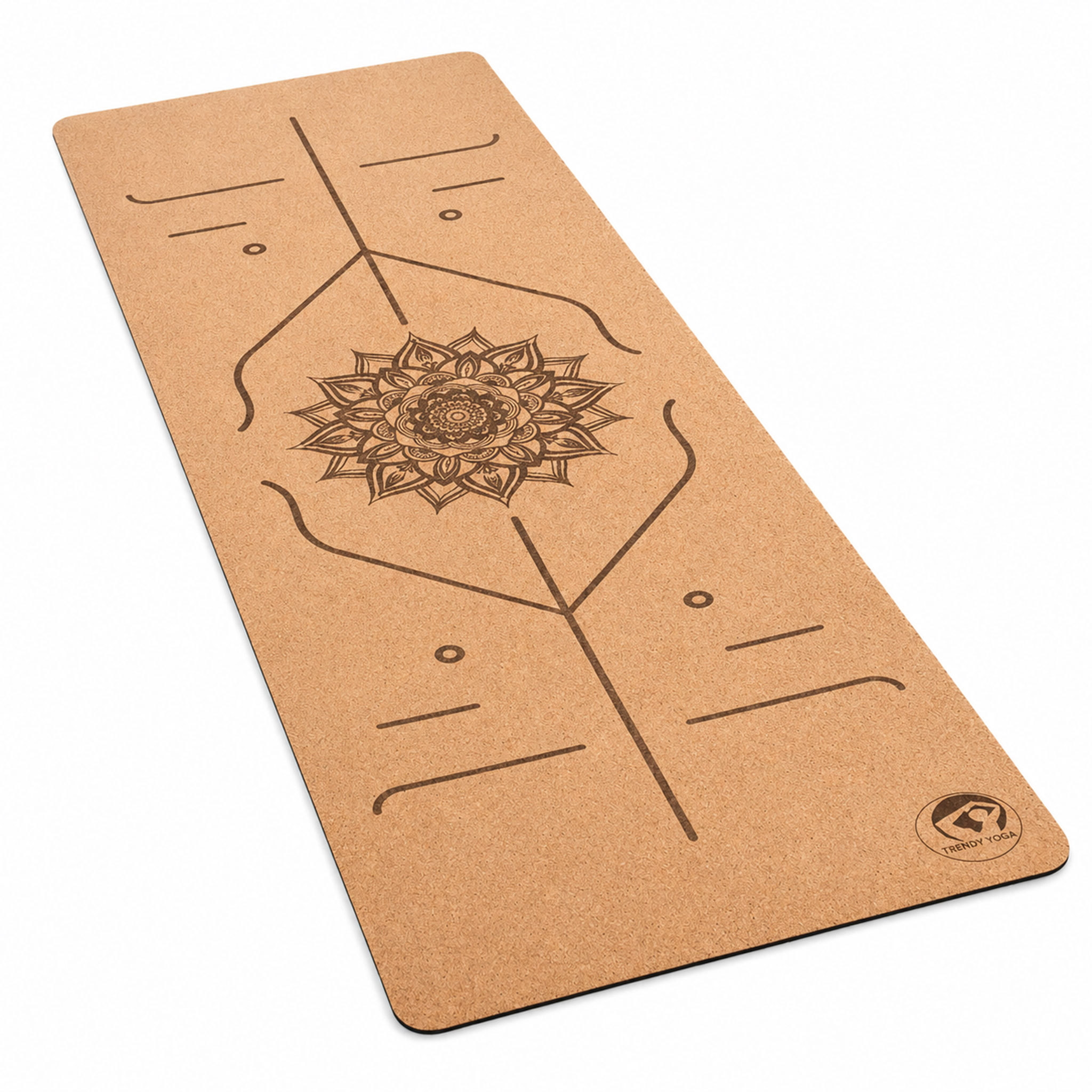 Kork-Yogamatte mit zentralem Mandala und Ausrichtungslinien
