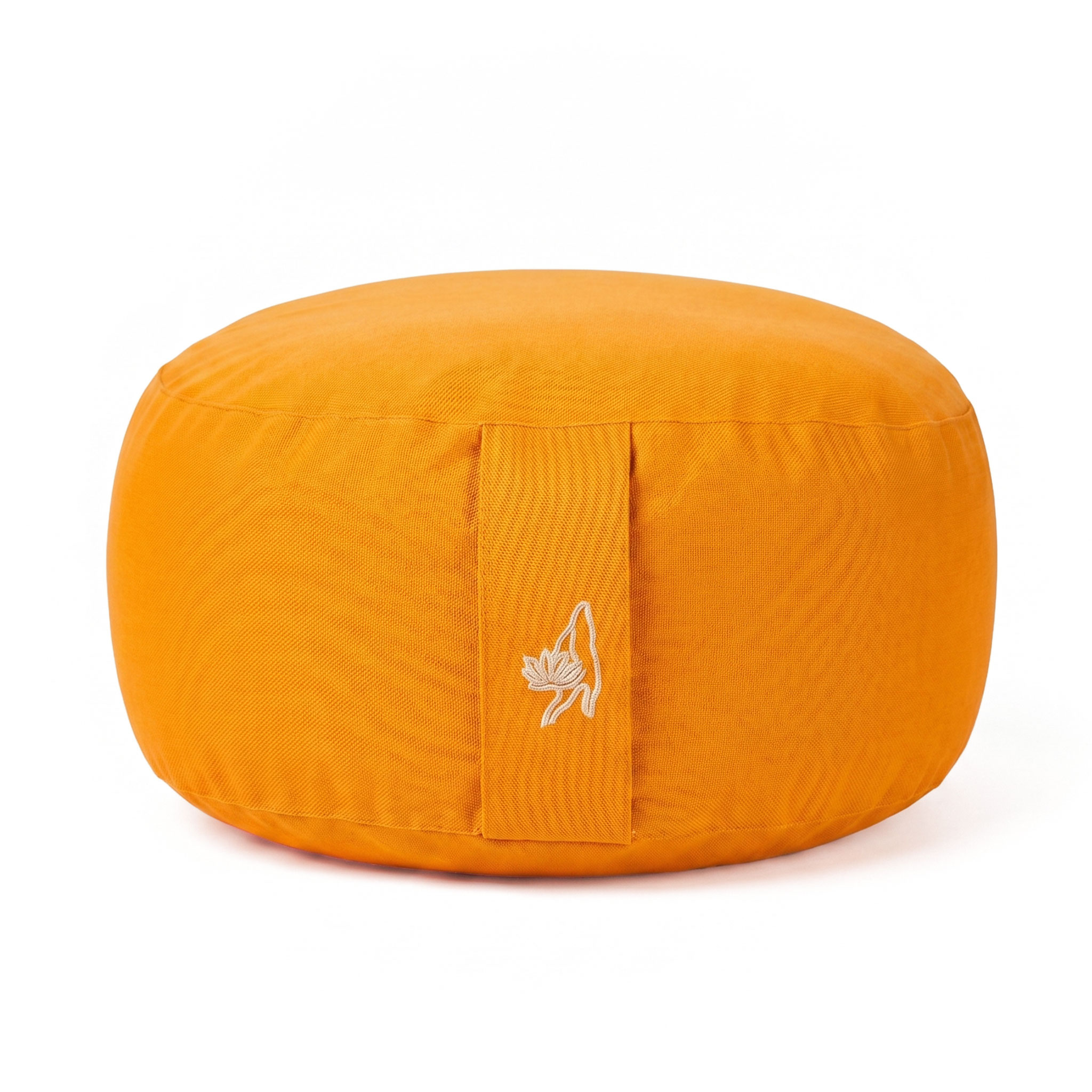 Rundes oranges Meditationskissen mit Trageschlaufe und Stickerei
