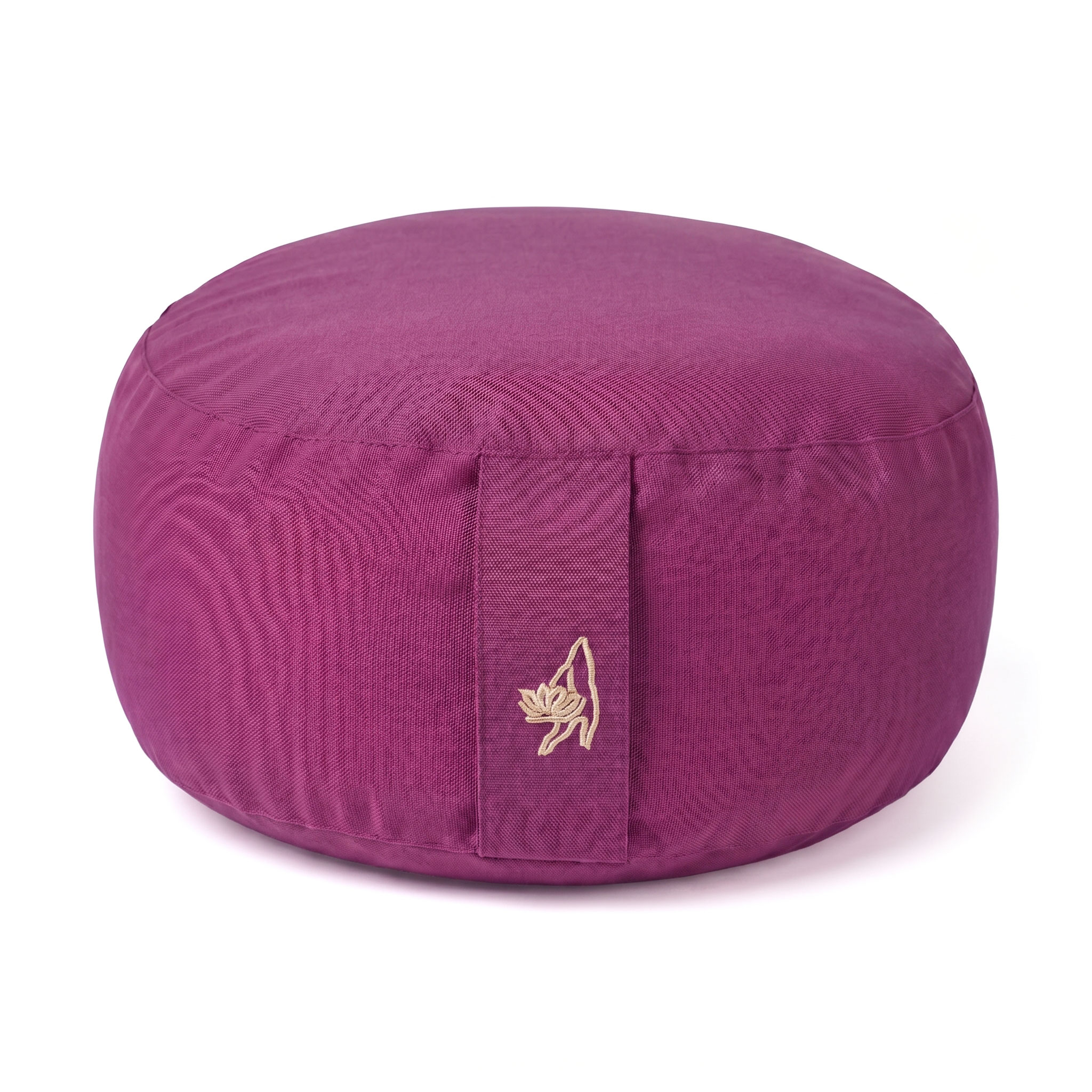 Rundes Meditationskissen mit Trageschlaufe und kleiner Stickerei in aubergine