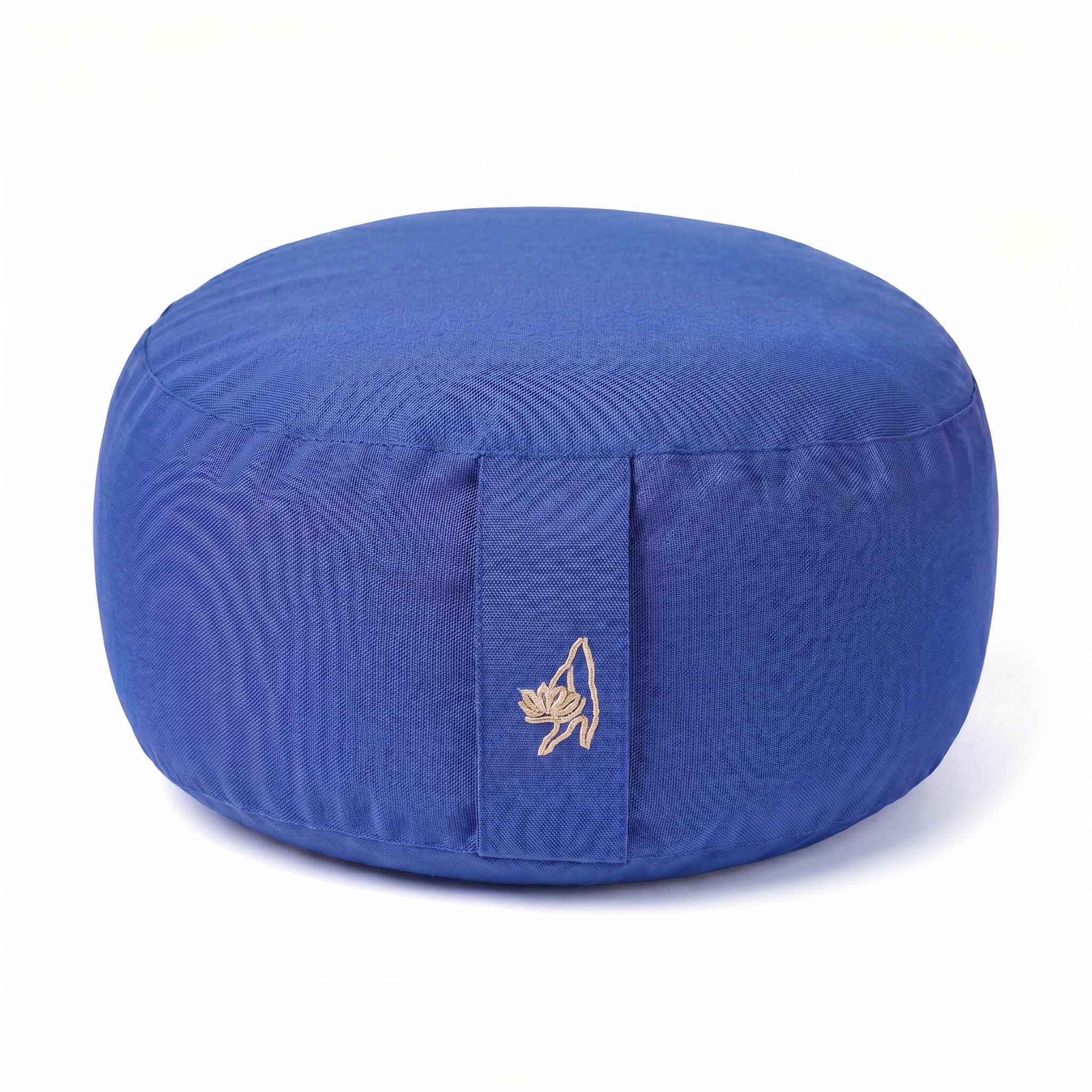 Rundes blaues Meditationskissen mit Trageschlaufe und Lotusstickerei