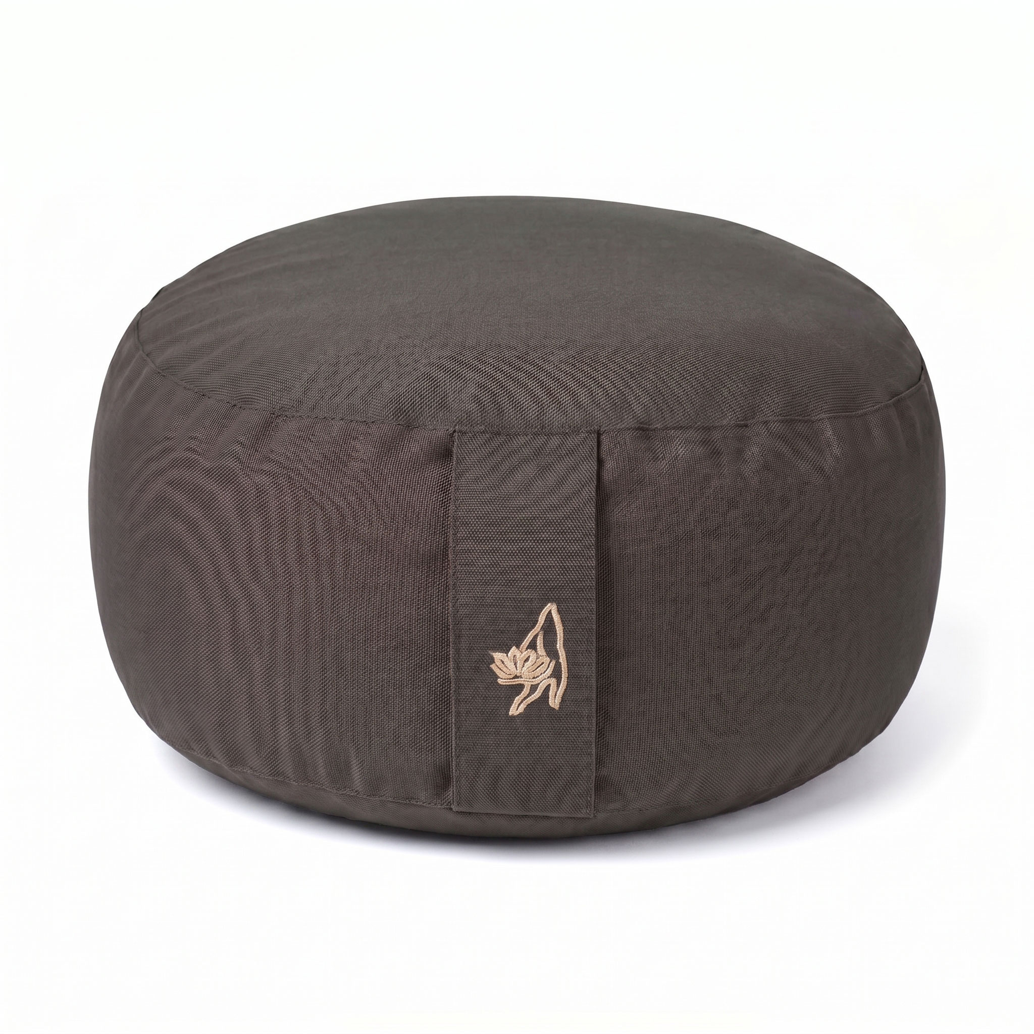 Rundes dunkelbraunes Meditationskissen mit seitlicher Schlaufe und kleiner Lotusstickerei
