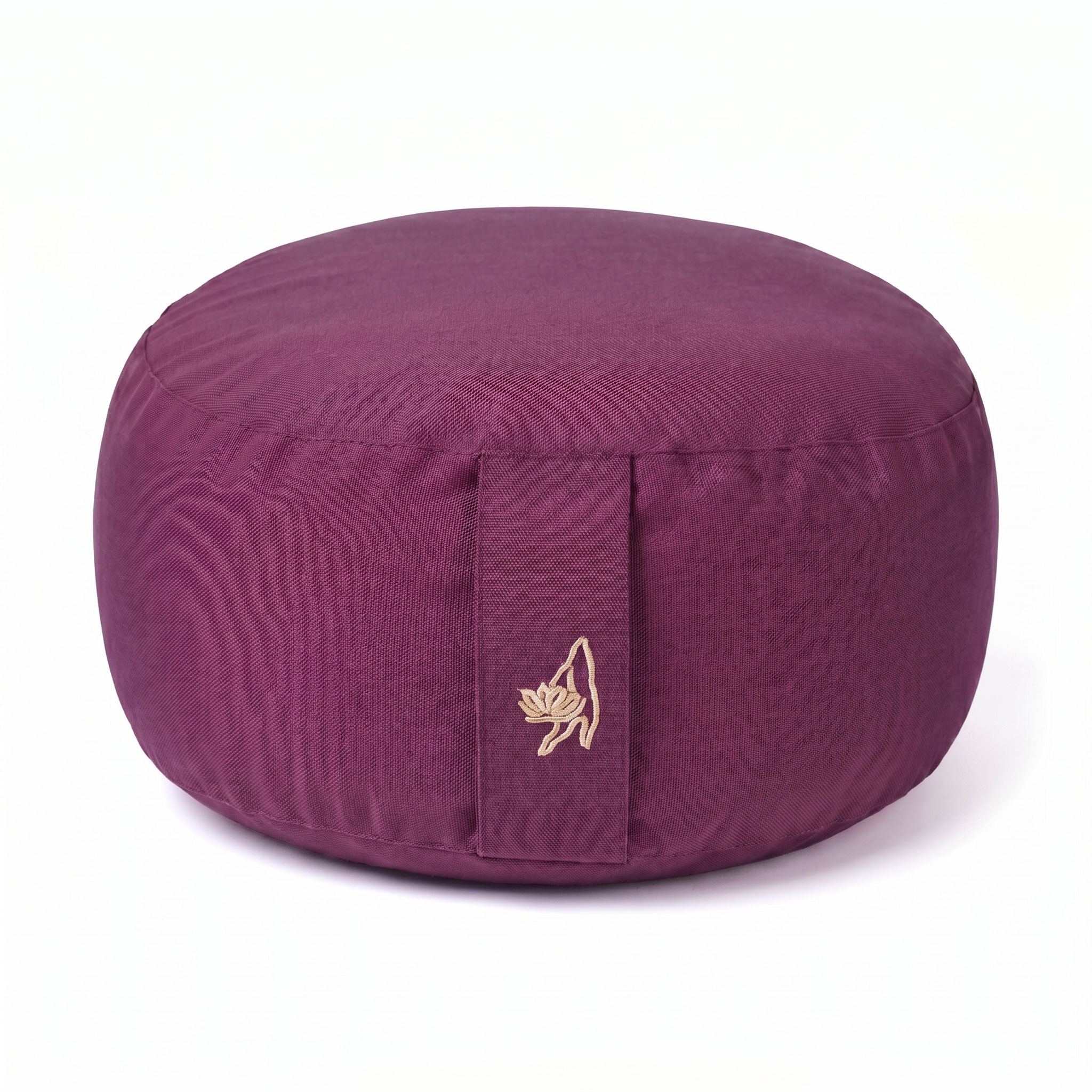 Rundes purpur Meditationskissen mit kleiner Lotusstickerei