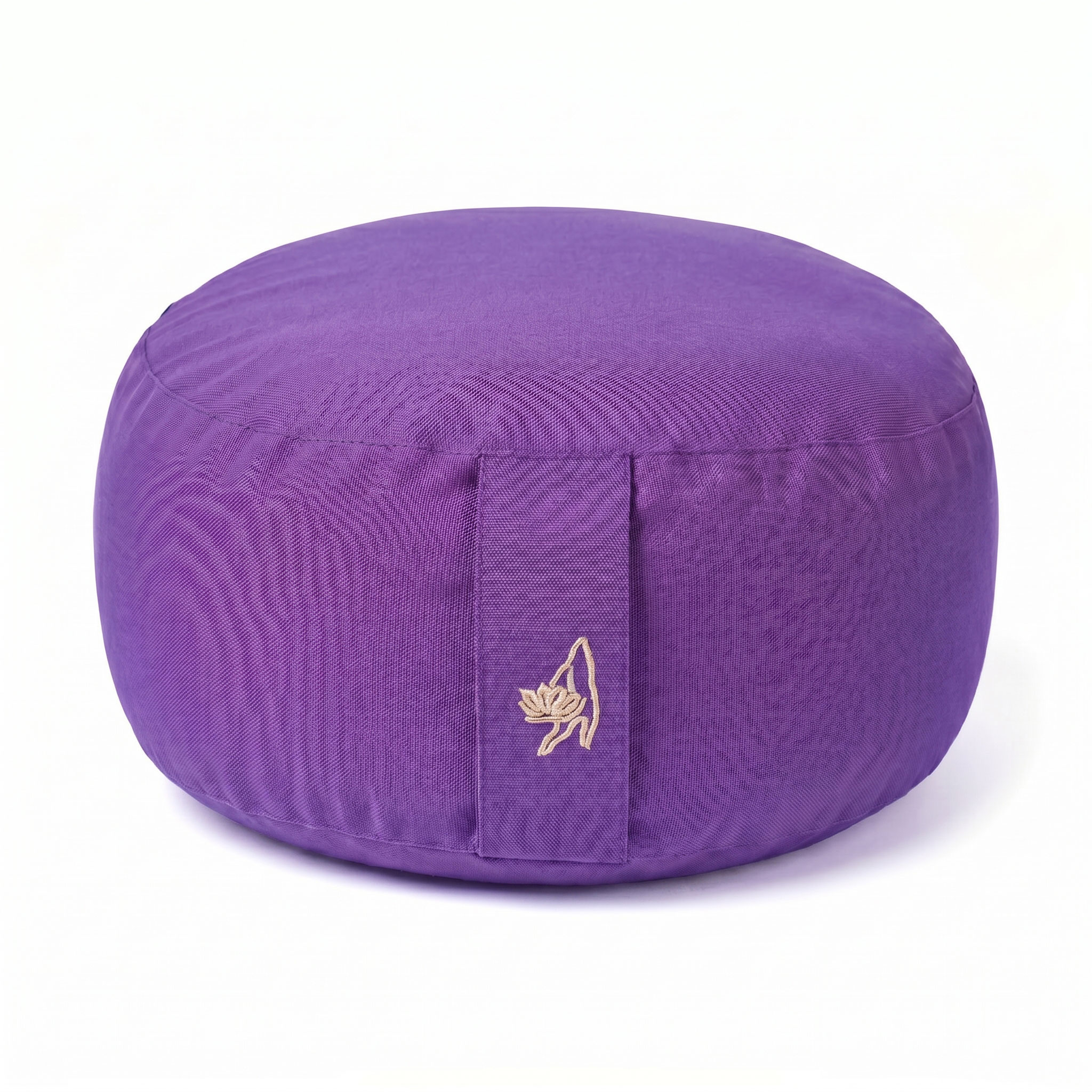 Rundes lila Meditationskissen mit kleiner Stickerei vorne