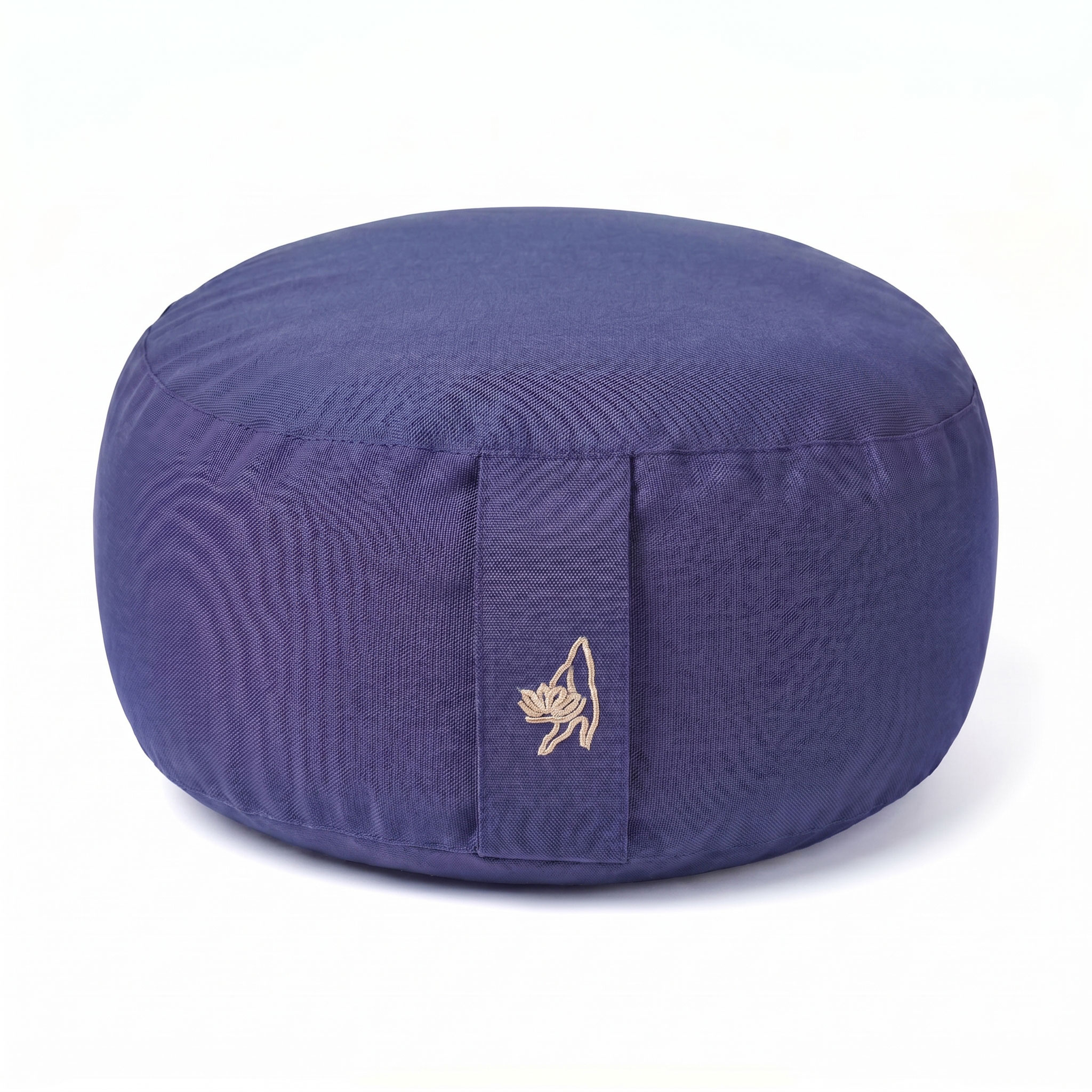 Indigo rundes Meditationskissen mit kleiner Stickerei vorne