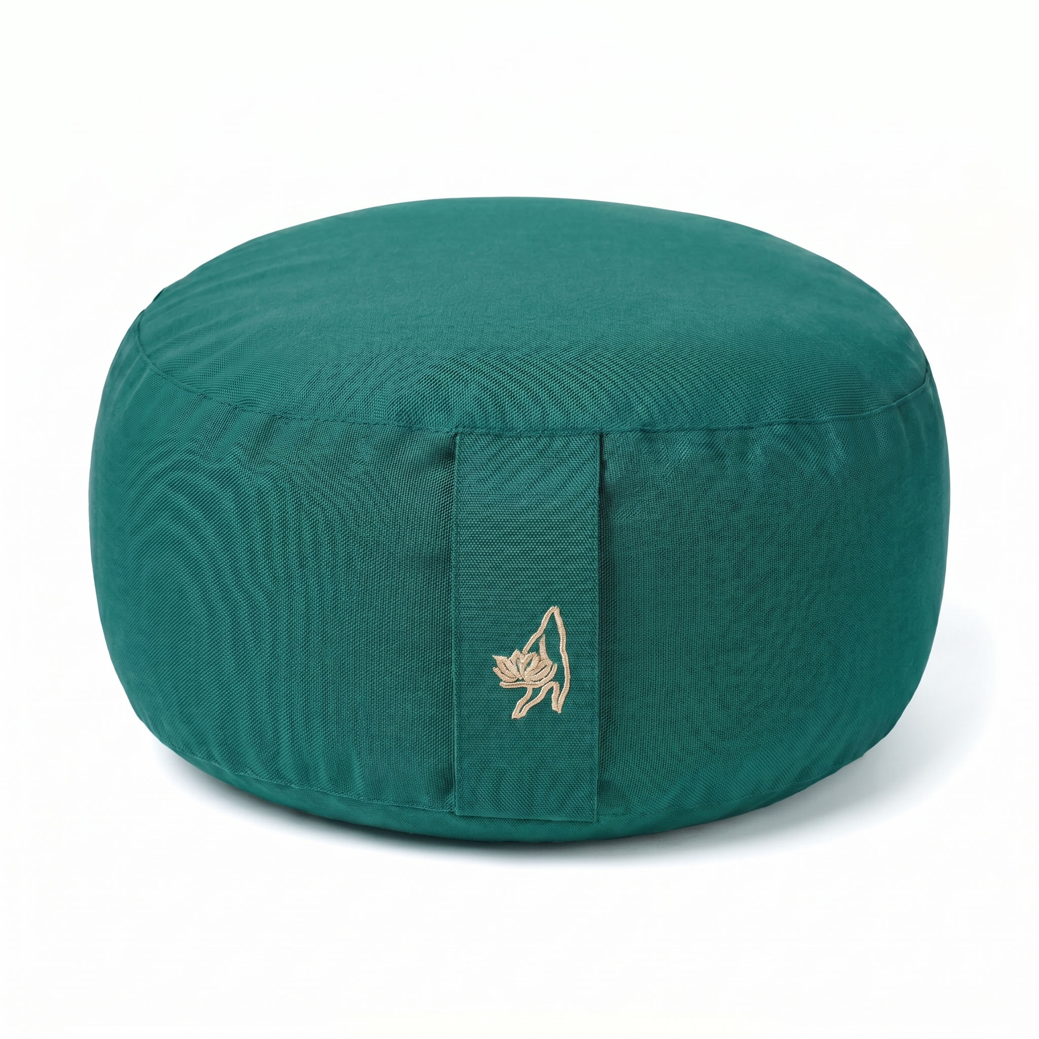 Rundes grünes Meditationskissen mit kleiner Lotusstickerei