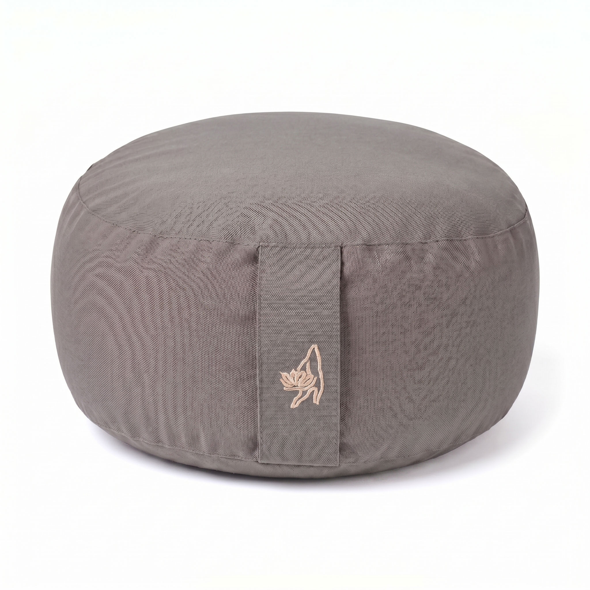 Graues, rundes Meditationskissen mit kleiner Stickerei auf der Schlaufe