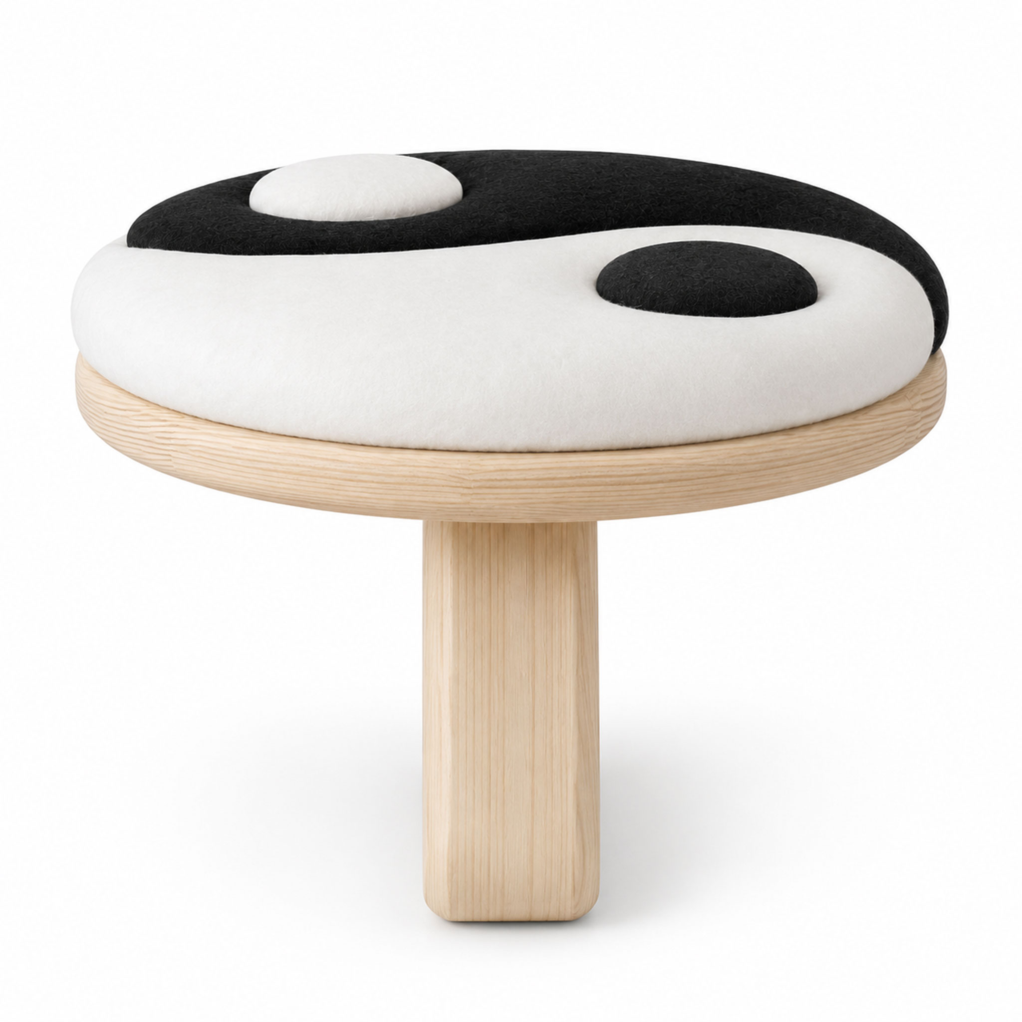 Runder Holz-Hocker mit schwarz-weißem Yin-Yang-Polster auf der Sitzfläche