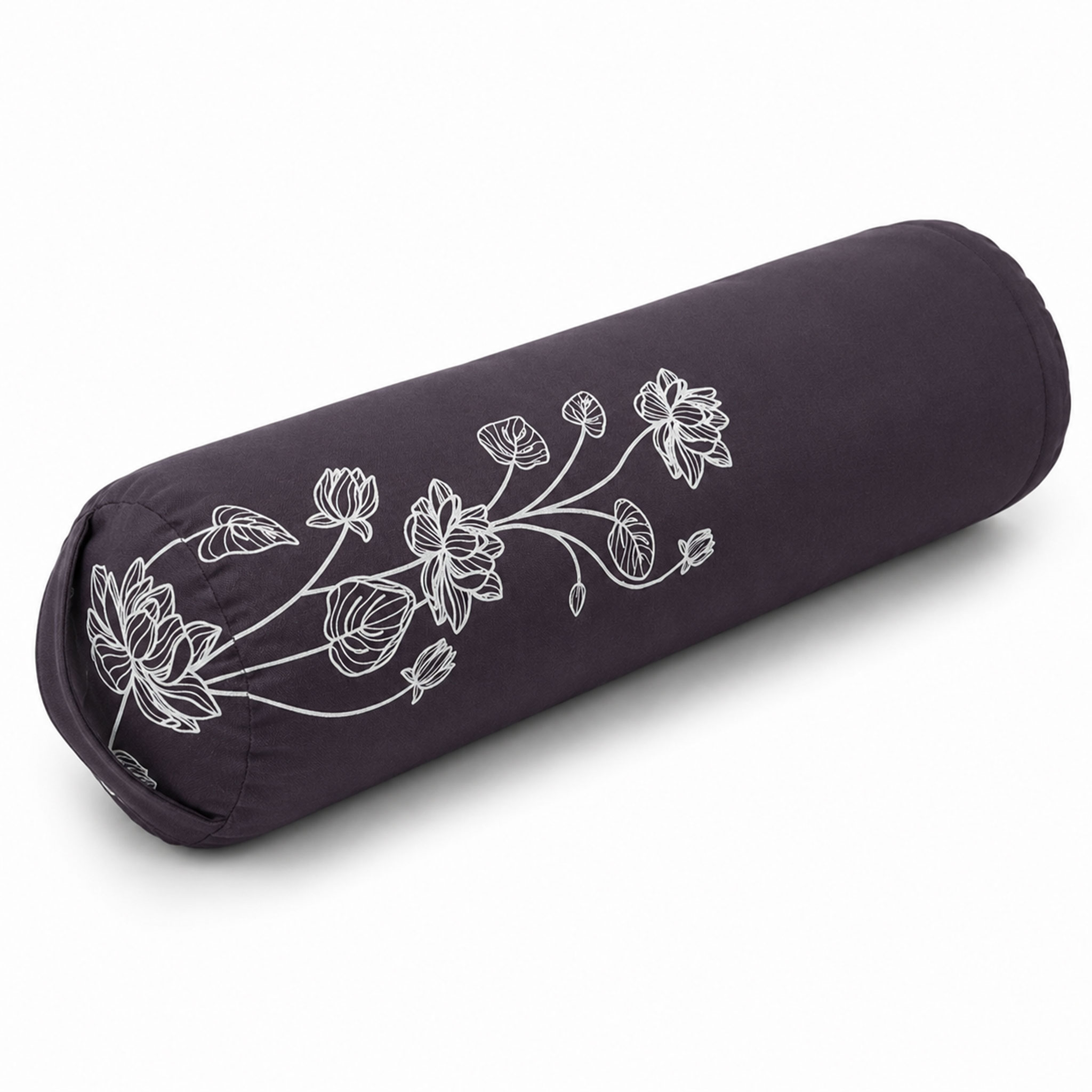 Ein dunkles, zylindrisches Kissen mit weißem Blumenmuster.