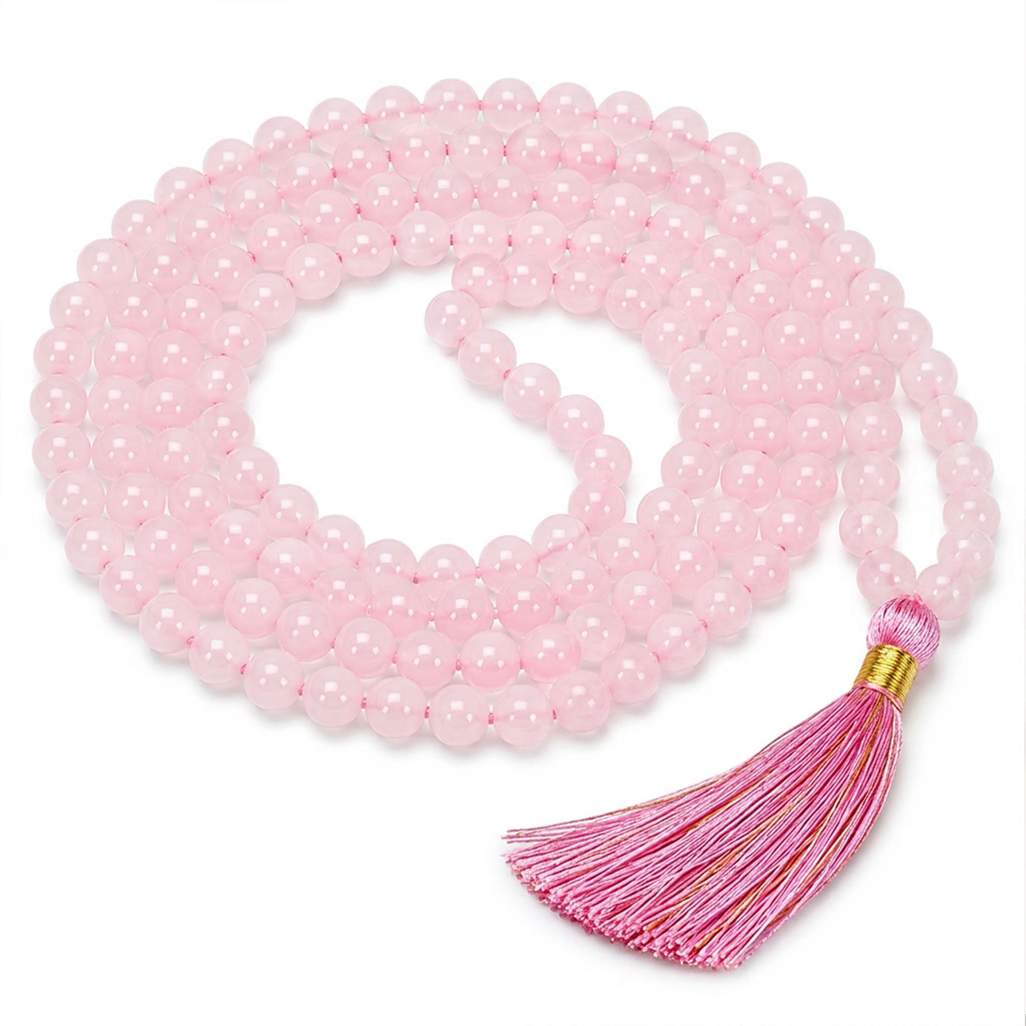 Lange Kette aus rosafarbenen runden Perlen mit pink-goldener Quaste