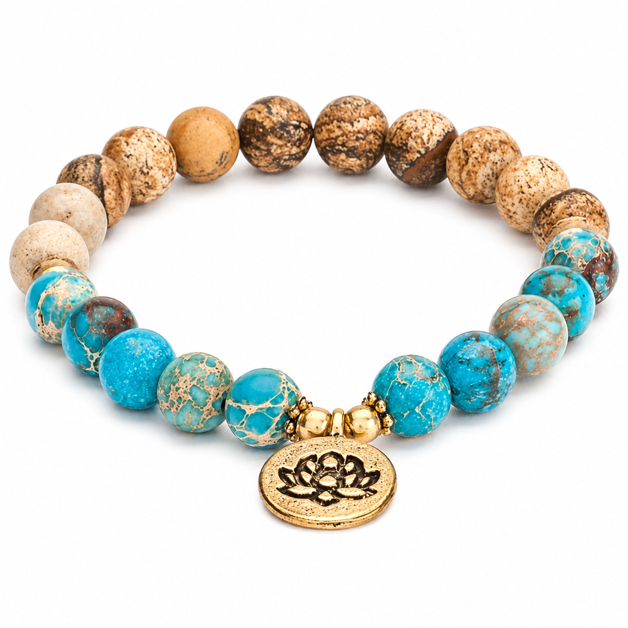 Elastisches Armband aus beigen und türkisfarbenen Natursteinperlen mit goldenem Lotus-Anhänger