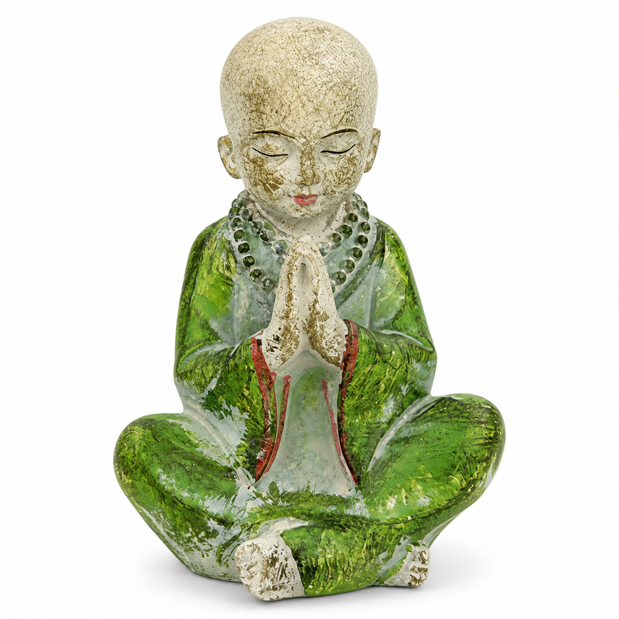 Statue einer sitzenden, meditierenden Figur mit gefalteten Händen und grüner Robe