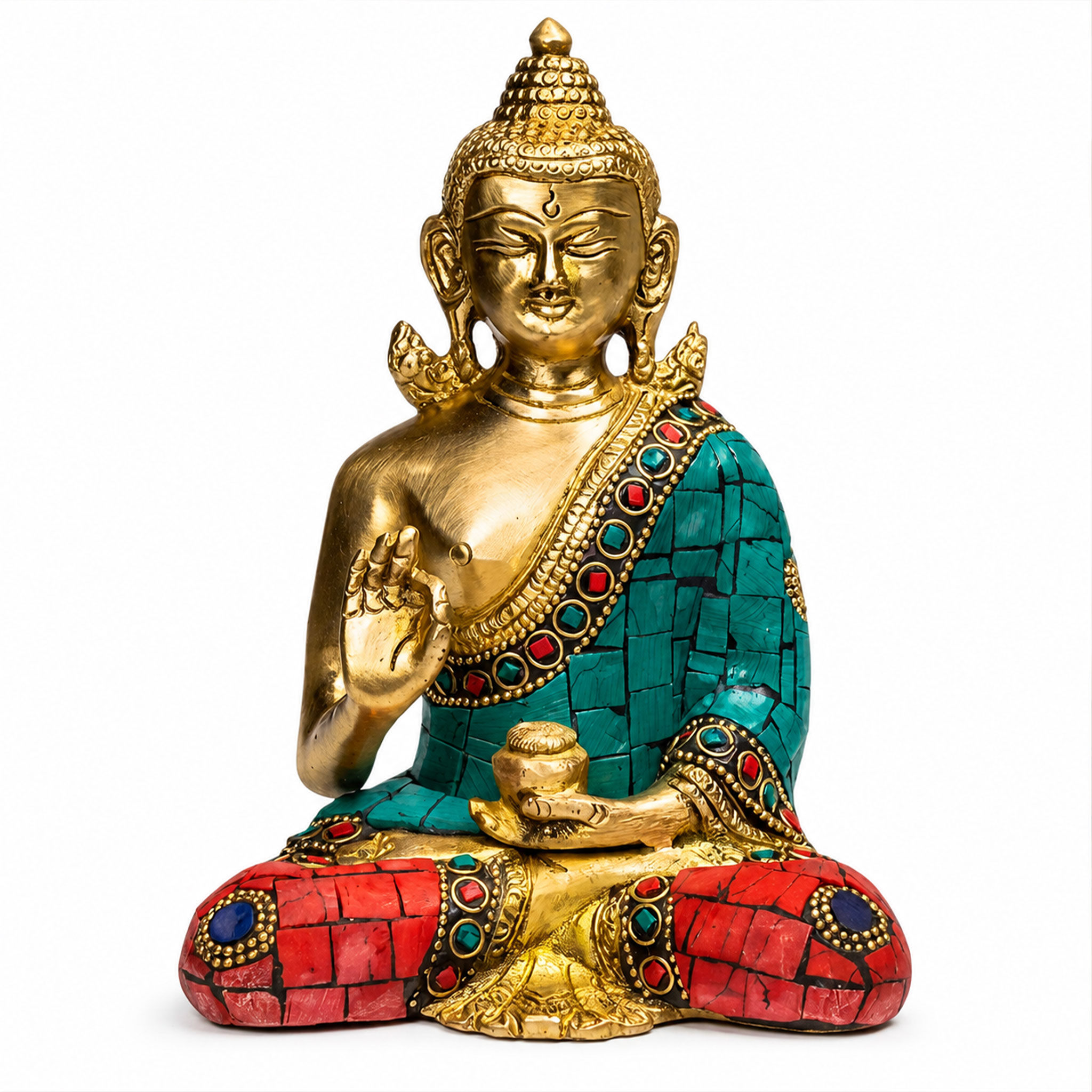 Goldfarbene Buddha-Statue mit roten und türkisen Mosaikverzierungen in sitzender Pose