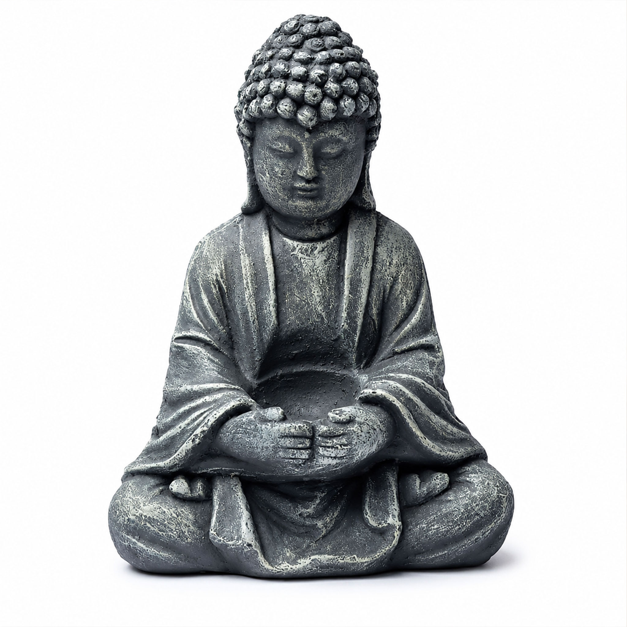 Steinerne Buddha-Figur in meditierender Sitzhaltung mit gefalteten Händen