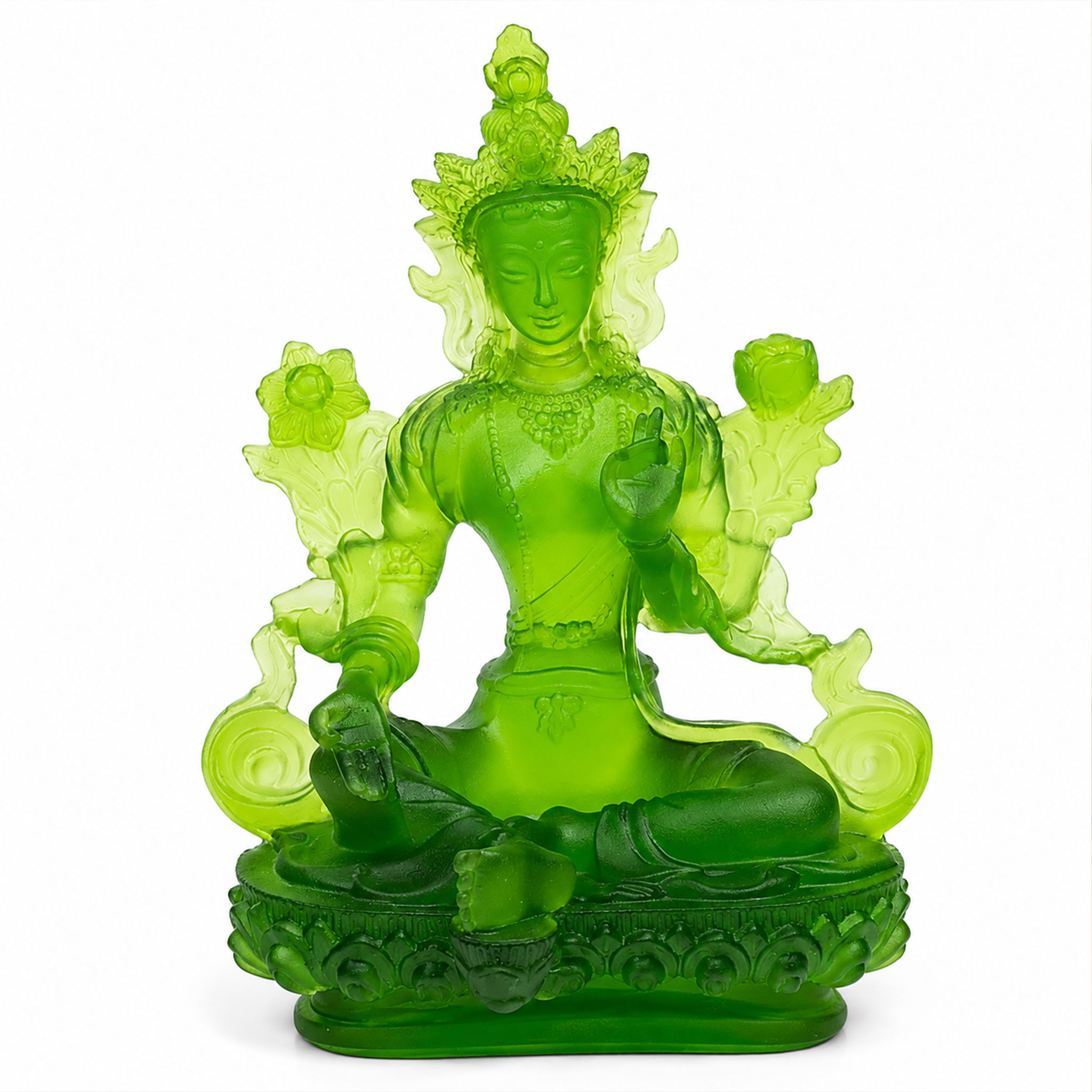Grüne, transparente Figur einer sitzenden buddhistischen Gottheit mit Ornamenten