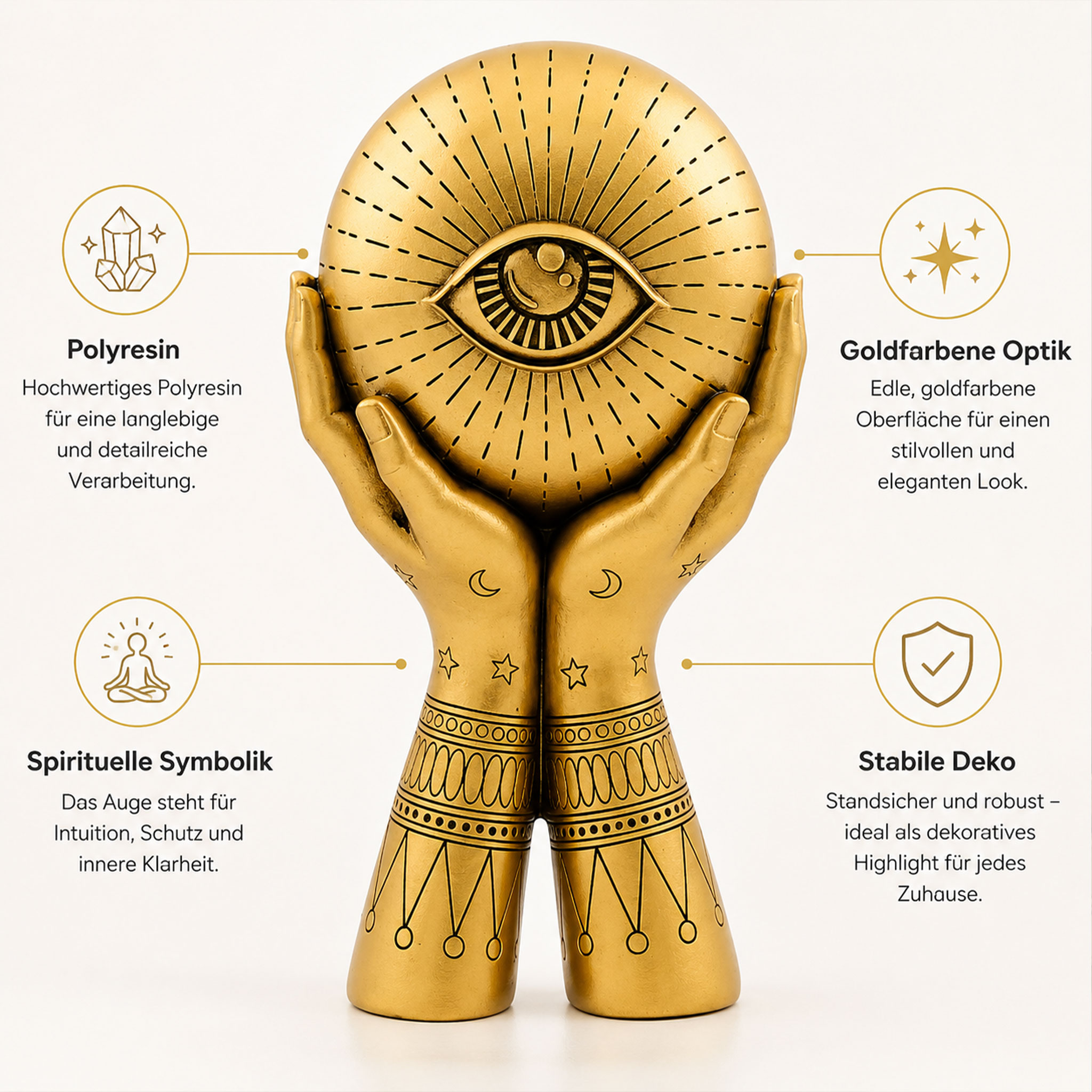 Goldfarbene Dekofigur aus Polyresin, zwei Hände halten eine Kugel mit eingraviertem Auge und spirituellen Symbolen.