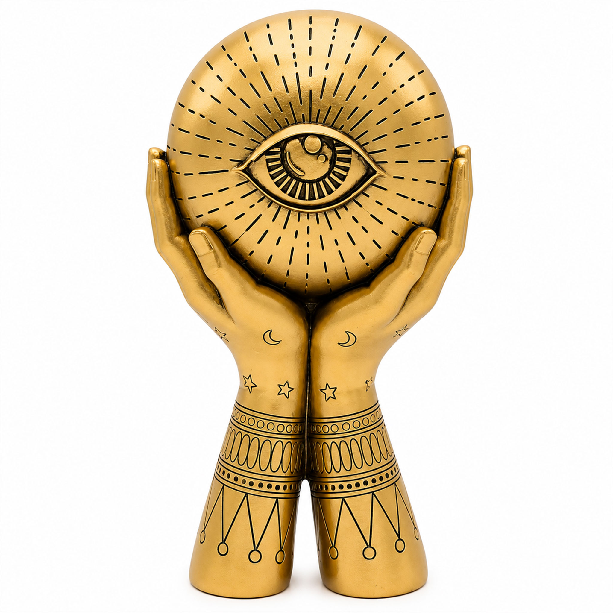Goldene Skulptur, bei der zwei Hände eine Kugel mit einem zentralen Auge und strahlenförmigen Mustern halten