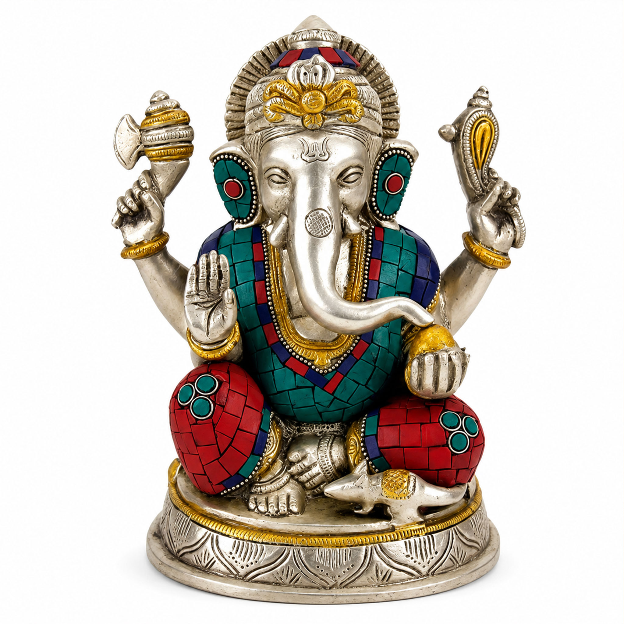 Dekorative Metallstatue der hinduistischen Gottheit Ganesha mit farbigen Mosaikelementen