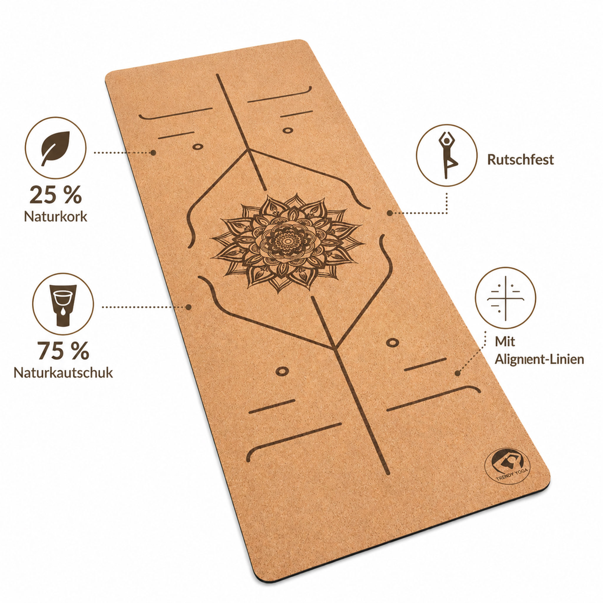 Abgebildet ist eine Yogamatte aus Naturkork und Naturkautschuk mit Mandala und Alignment-Linien.