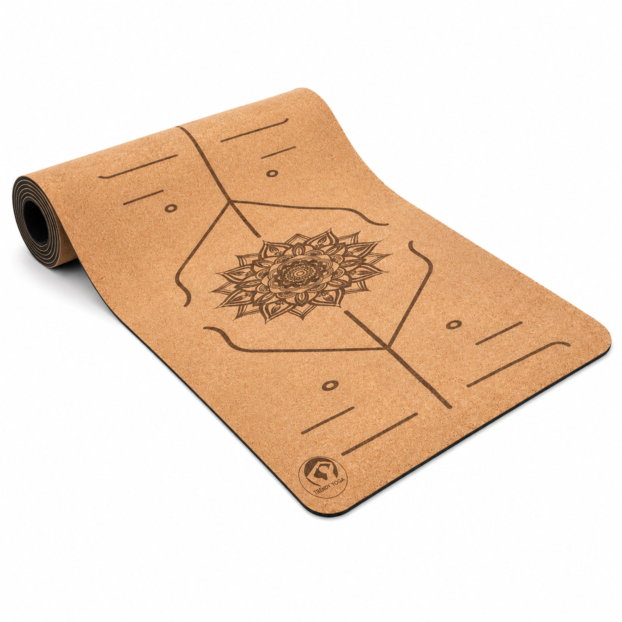 Ausgerollte Kork-Yogamatte mit Linien zur Ausrichtung und Mandala in der Mitte