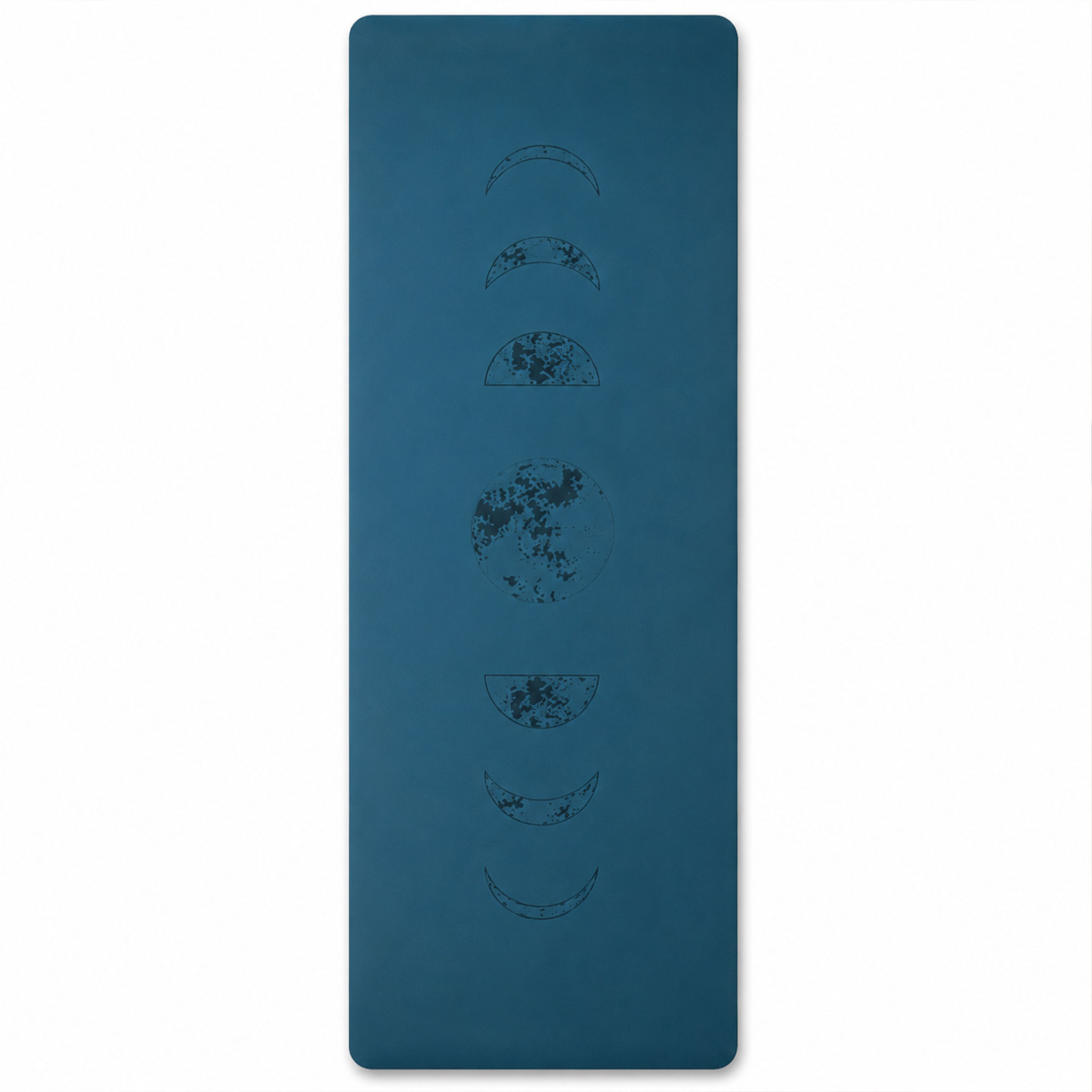 Blaue Yogamatte mit einer vertikalen Grafik der Mondphasen in der Mitte
