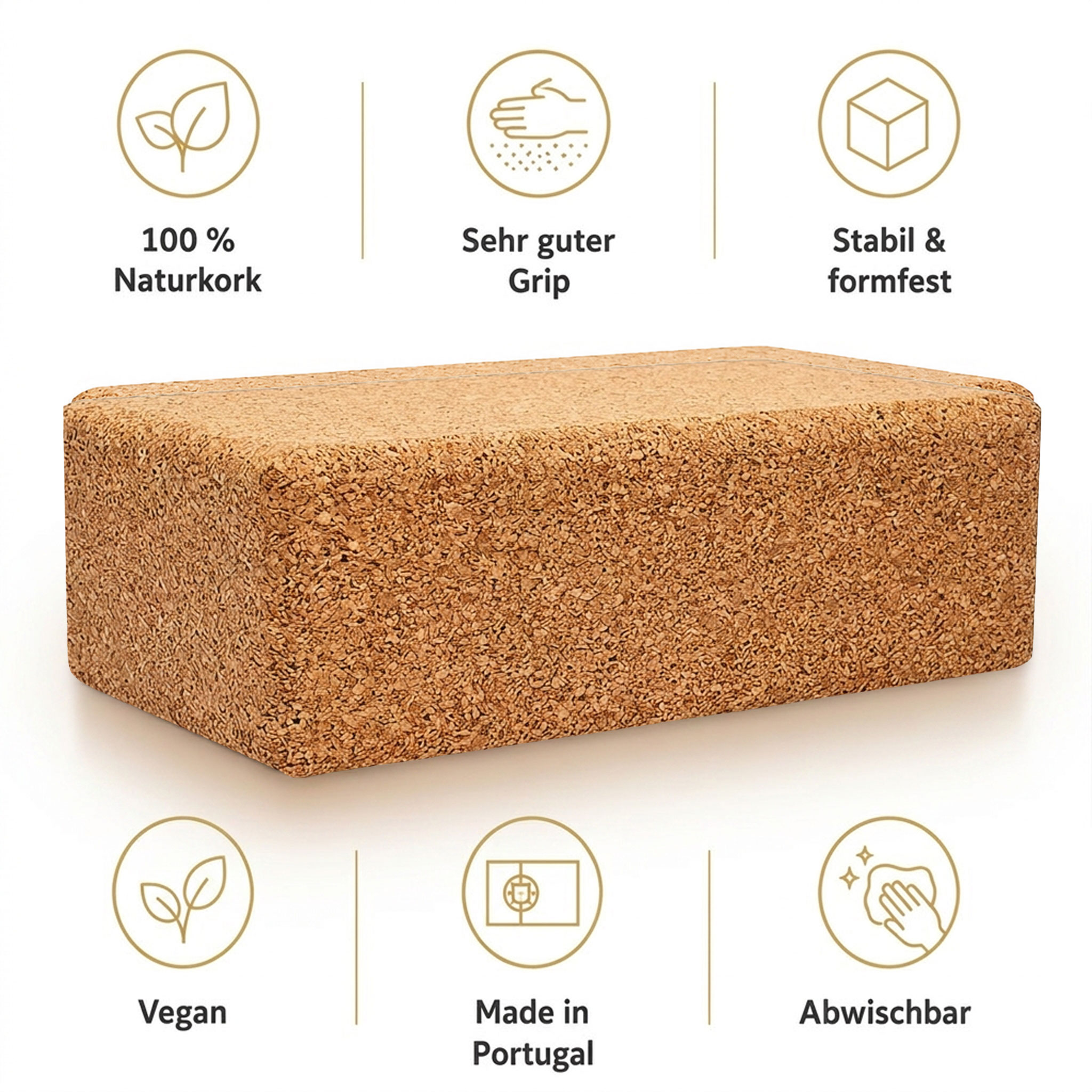 Abbildung eines Yoga-Blocks aus 100 Prozent Naturkork mit Symbolen zu Eigenschaften wie guter Grip, Stabilität, vegan, in Portugal hergestellt und abwischbar