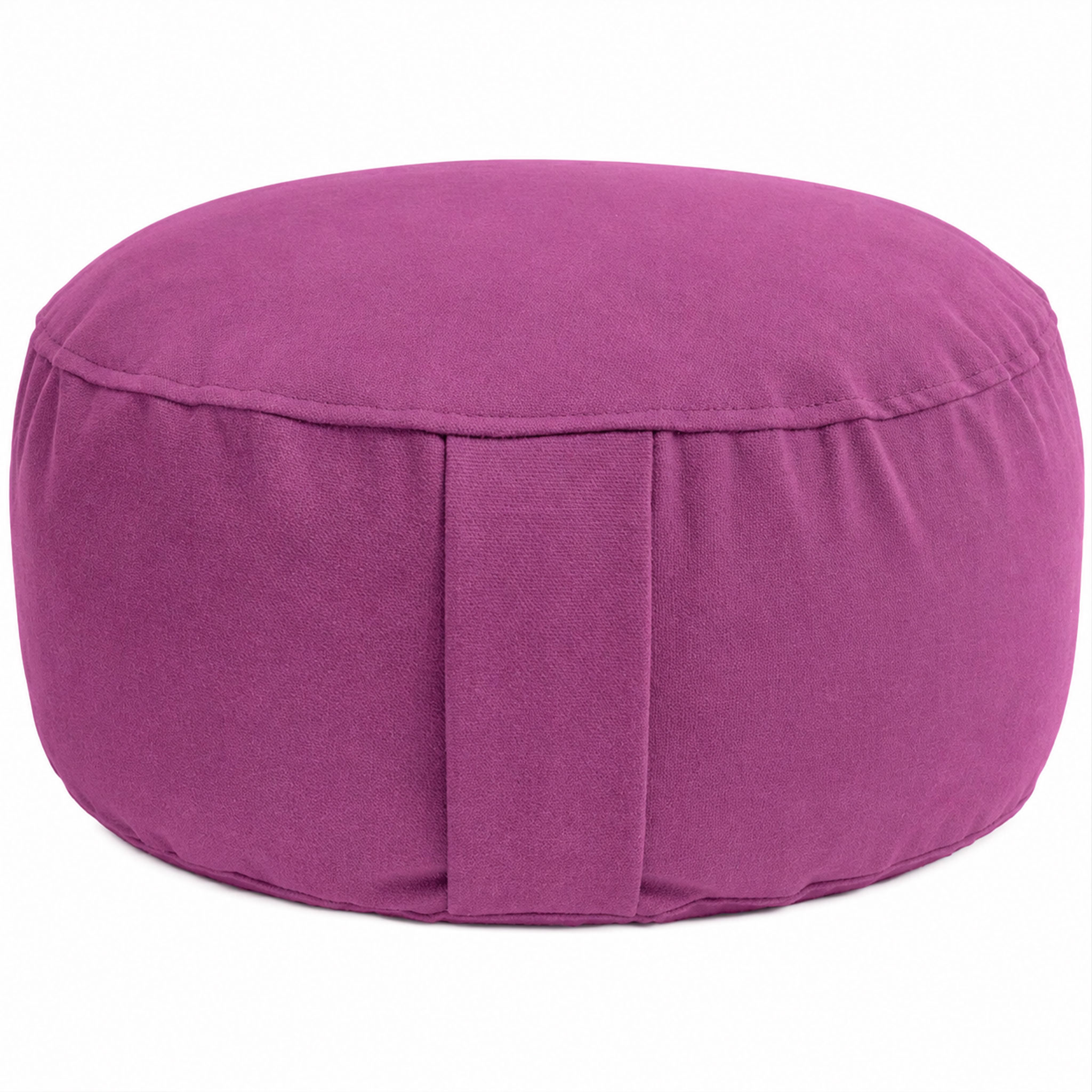 Ein rundes, violettes Sitzkissen mit Stoffgriff an der Seite.