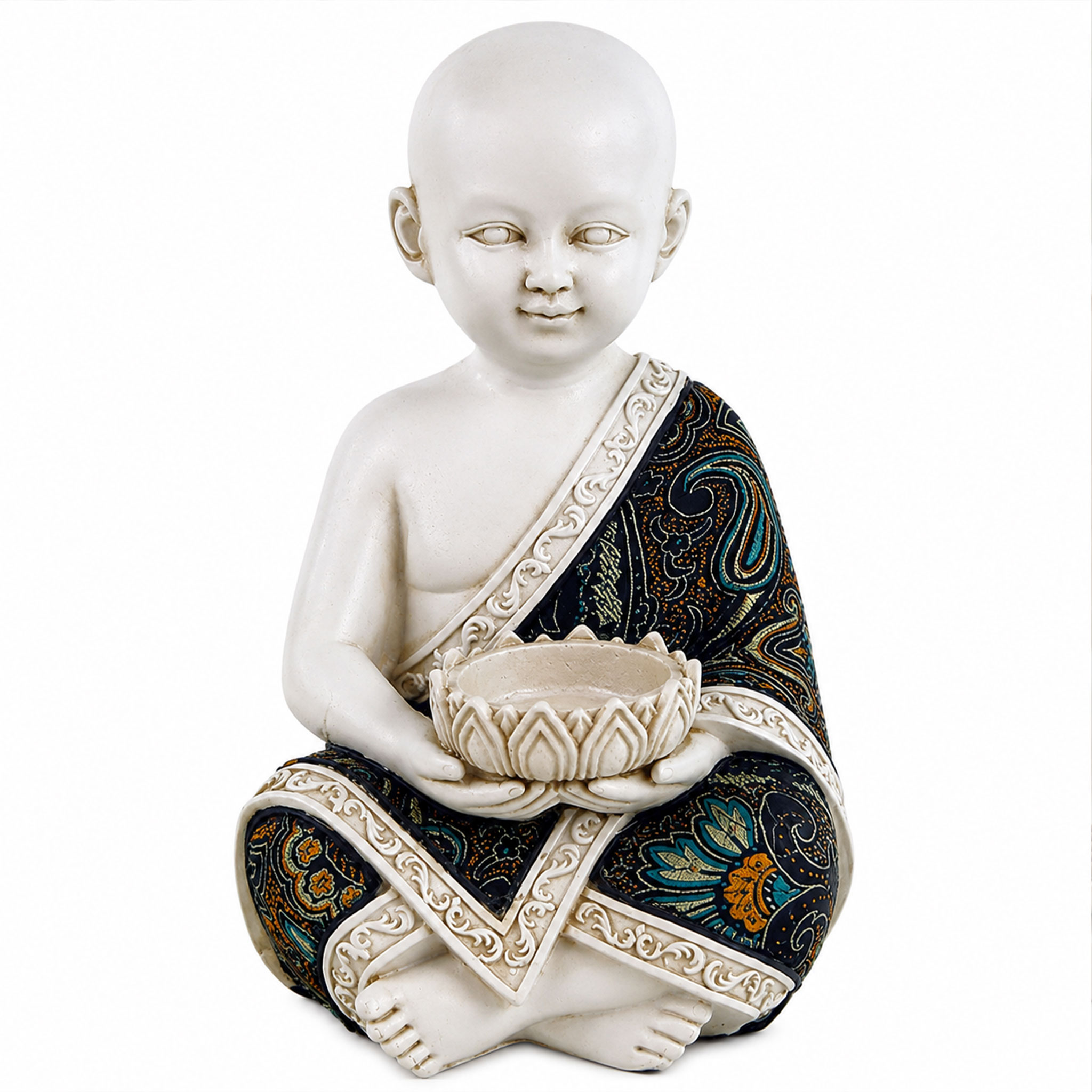 Dekorative Figur eines sitzenden Kindes in Gewand, das eine ornamentierte Schale hält