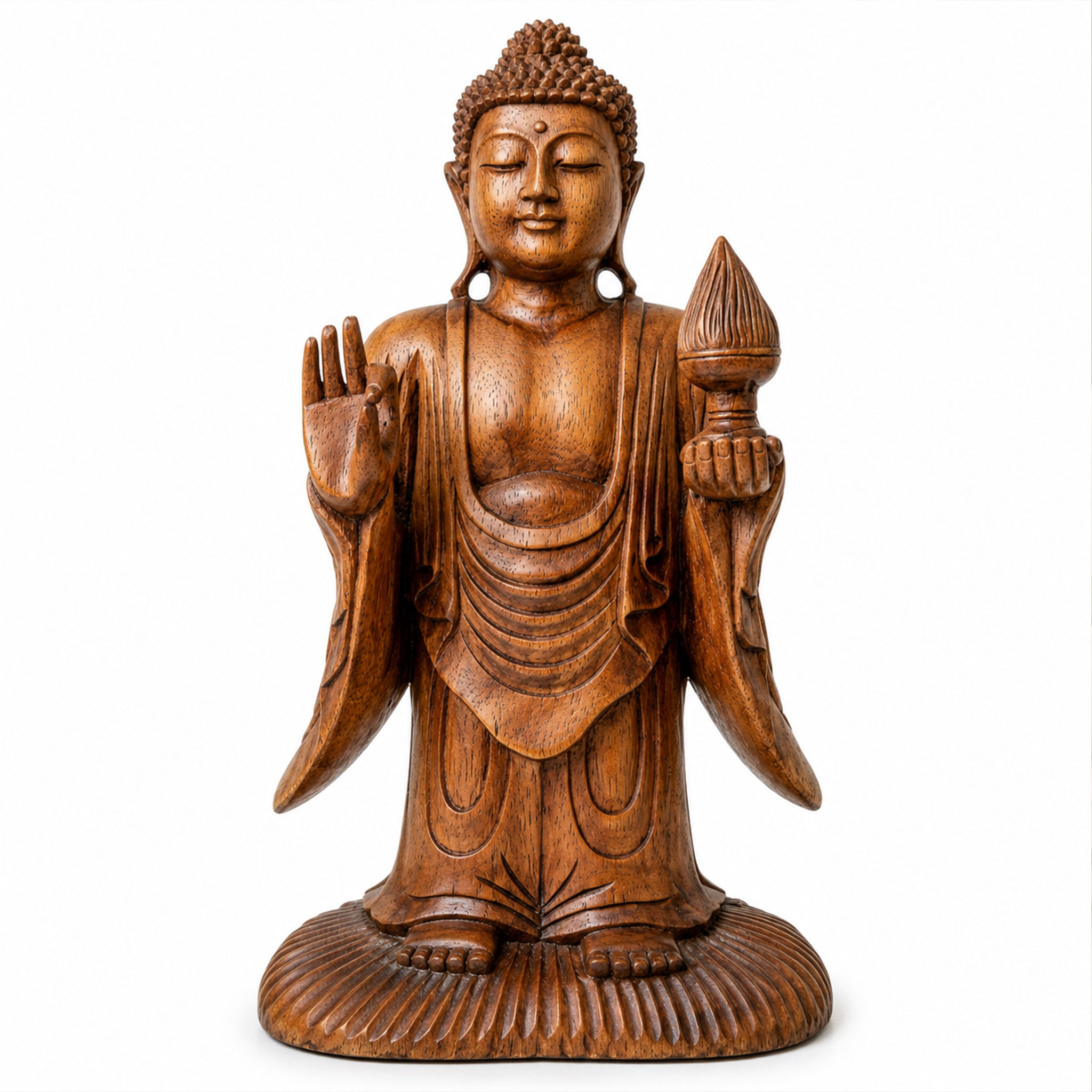 Holzgeschnitzte Buddhafigur mit erhobener Hand und Objekt in der anderen Hand