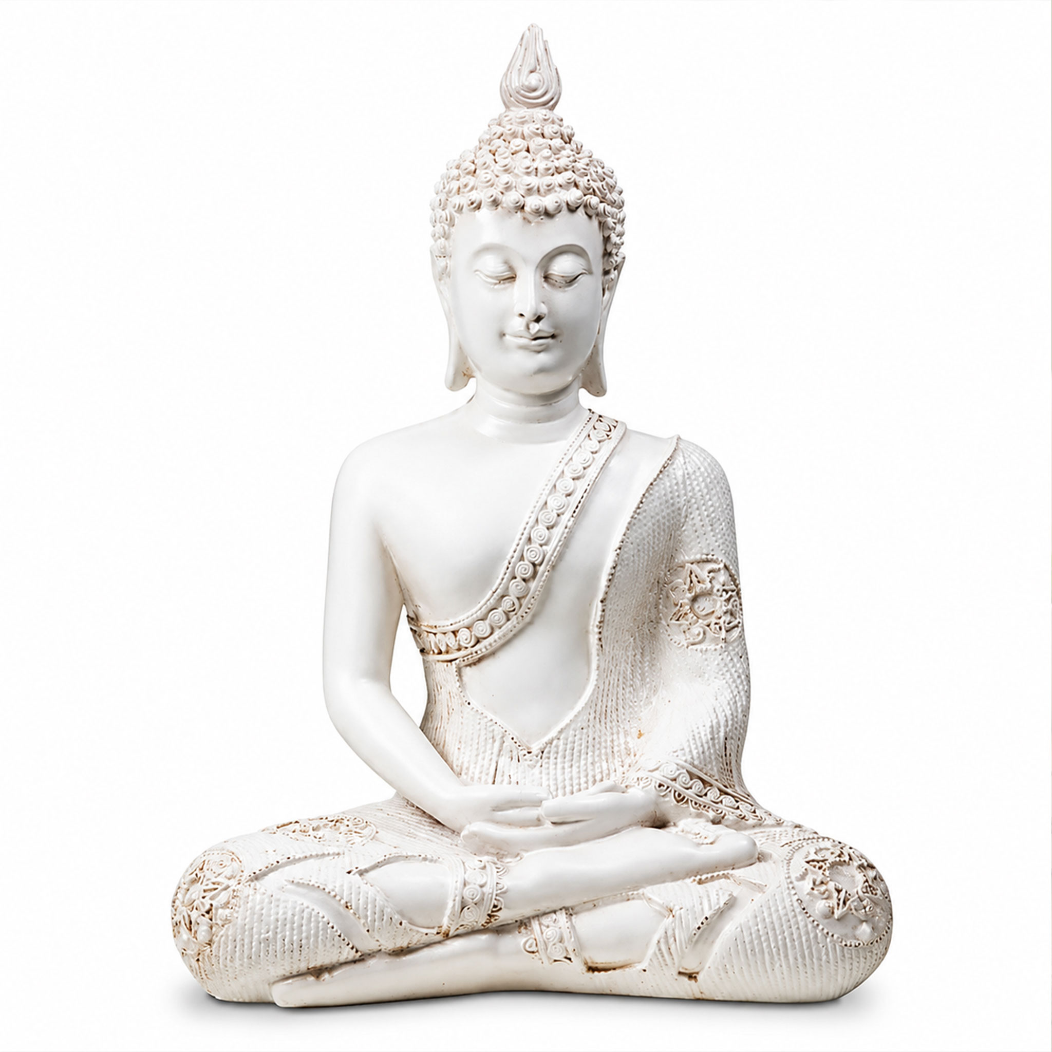 Weiße Buddha-Figur in meditativer Sitzhaltung mit fein gearbeiteten Details