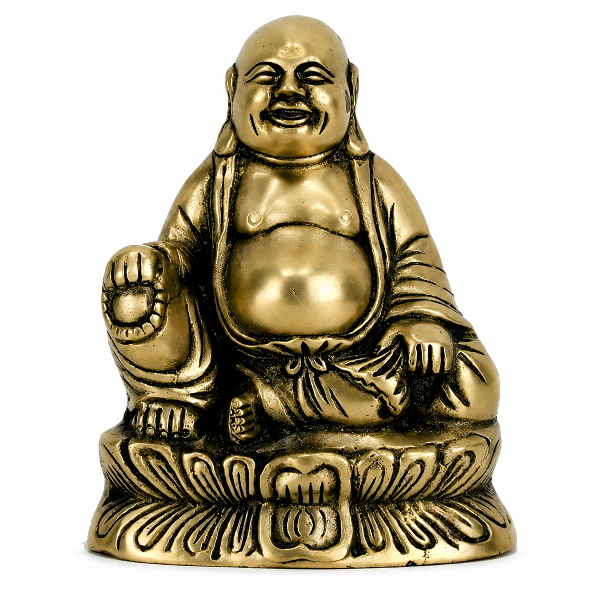 Goldene Statue eines lachenden Buddha in sitzender Haltung