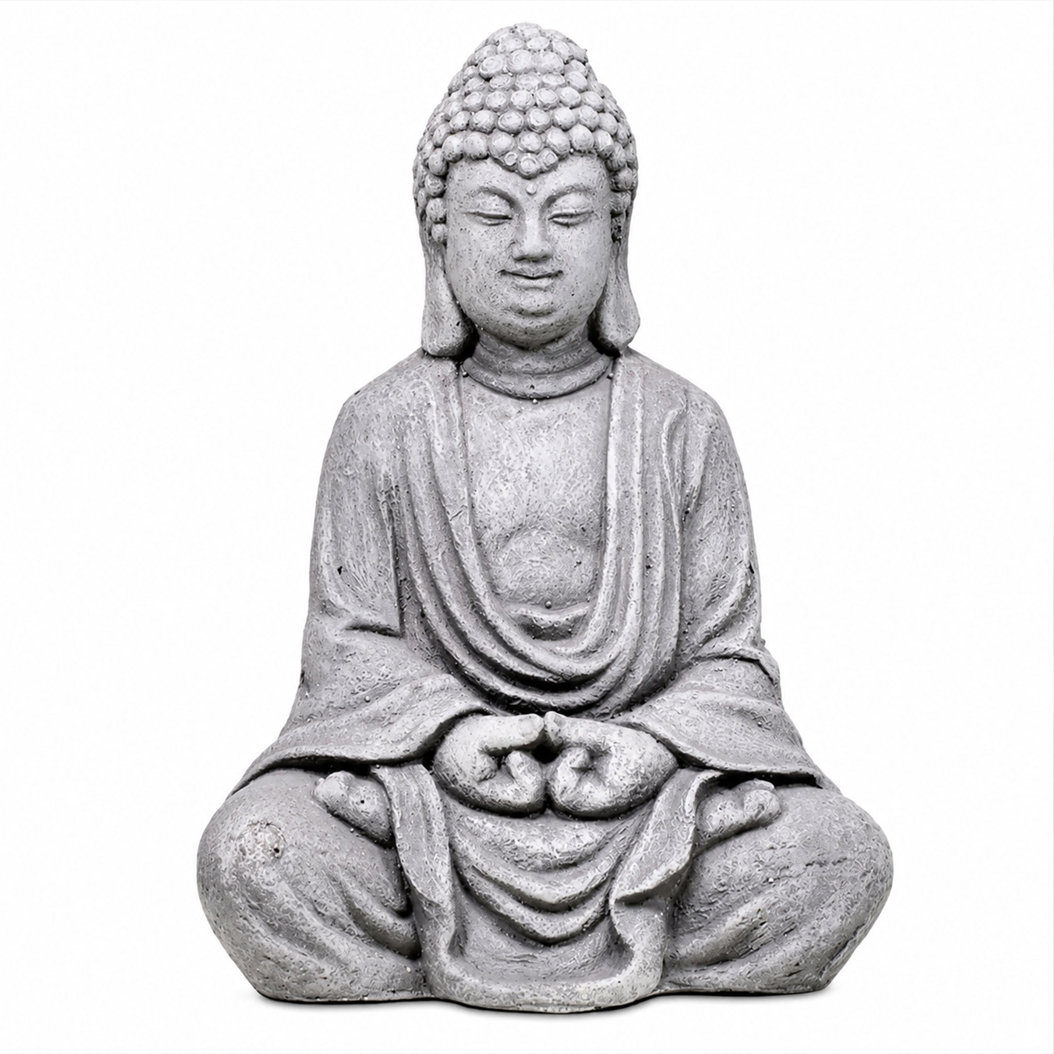 Steinerne Buddha-Figur in sitzender Meditationspose mit gefalteten Händen