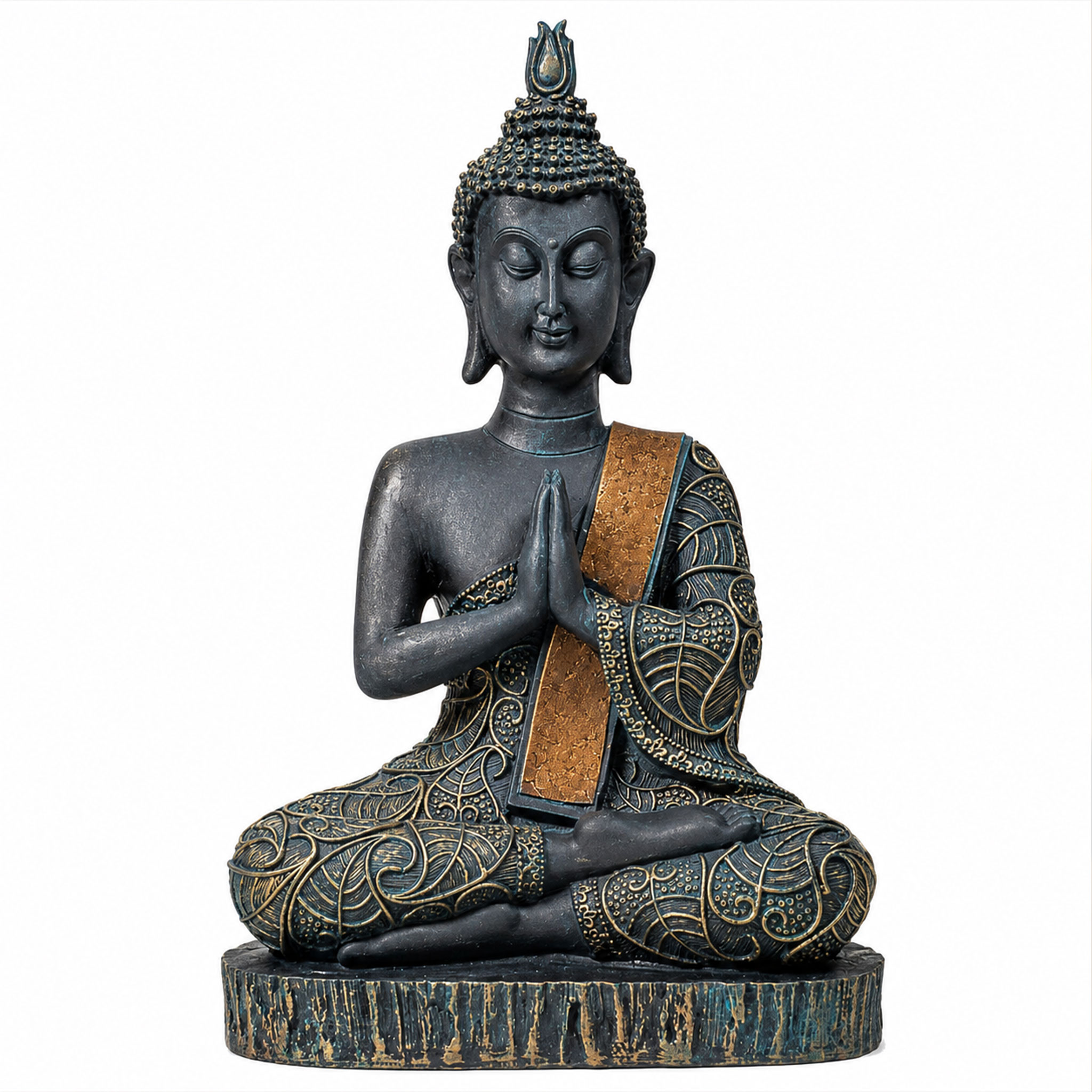 Dekorative Buddha-Statue im Schneidersitz mit gefalteten Händen und verziertem Gewand