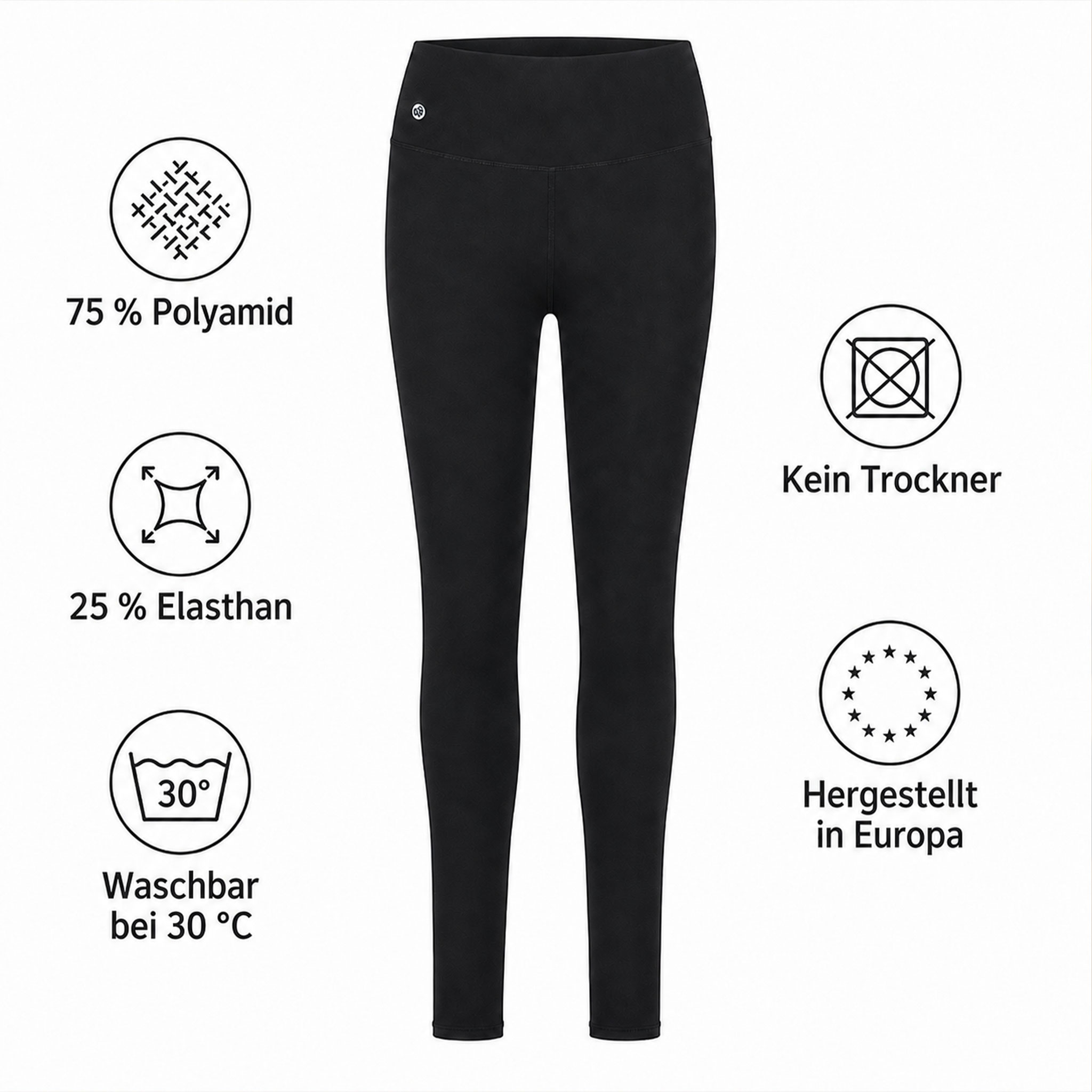 Schwarze Leggings mit Angaben zu Material, Pflege und Herstellung