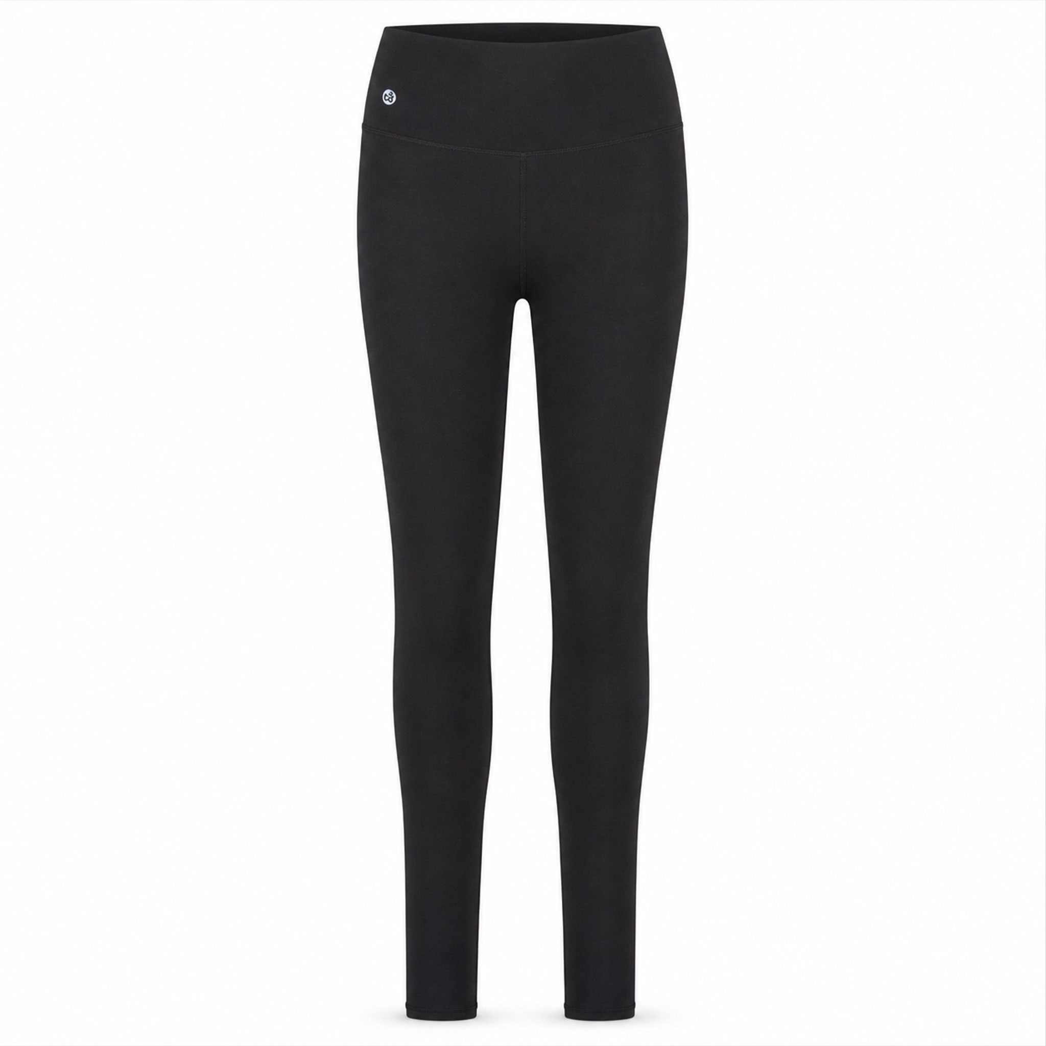 Schwarze, enganliegende Leggings in voller Länge vor weißem Hintergrund