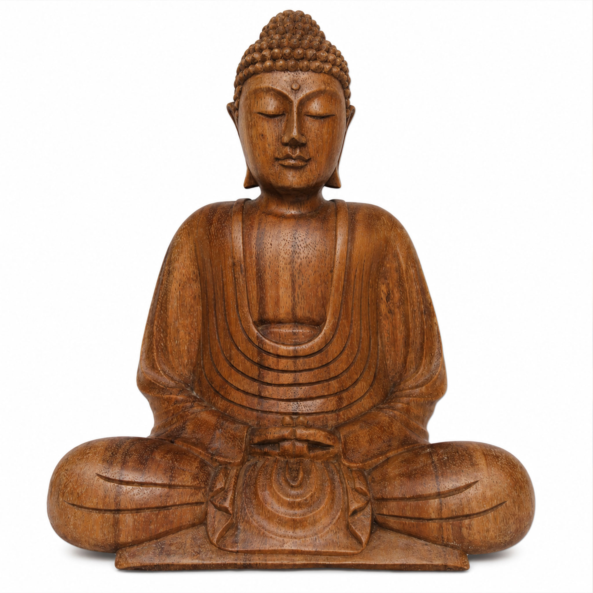 Holzfigur eines sitzenden, meditierenden Buddhas in ruhiger Haltung