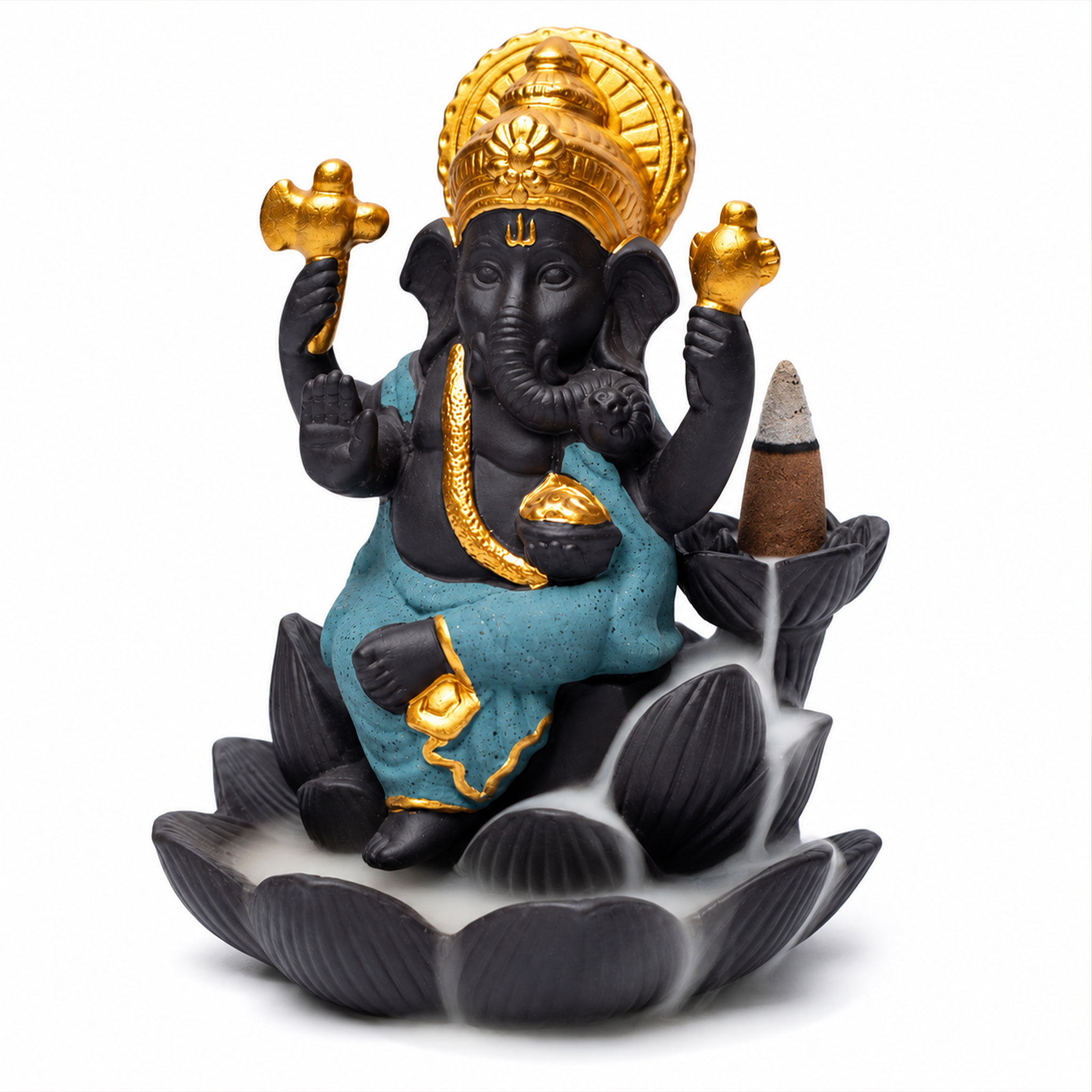Detaillierte Ganesha Statue mit goldenen Akzenten und Räucherkegel auf einer lotusförmigen Basis