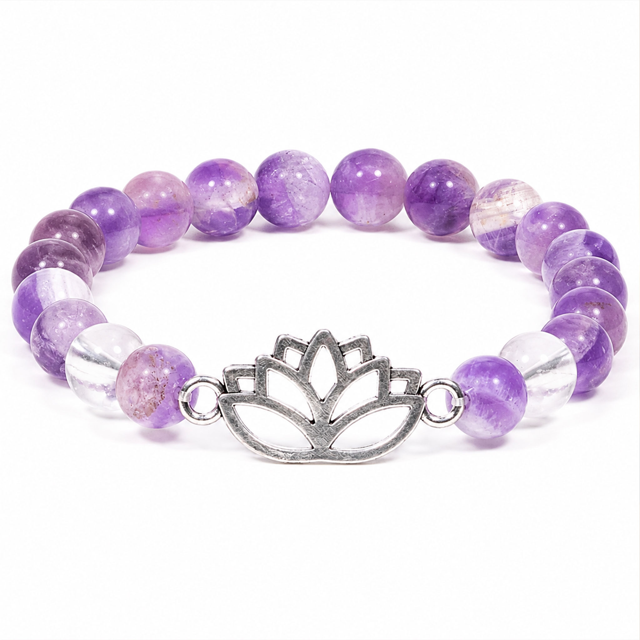 Elastisches Armband aus lila und klaren Perlen mit metallischem Lotus-Anhänger